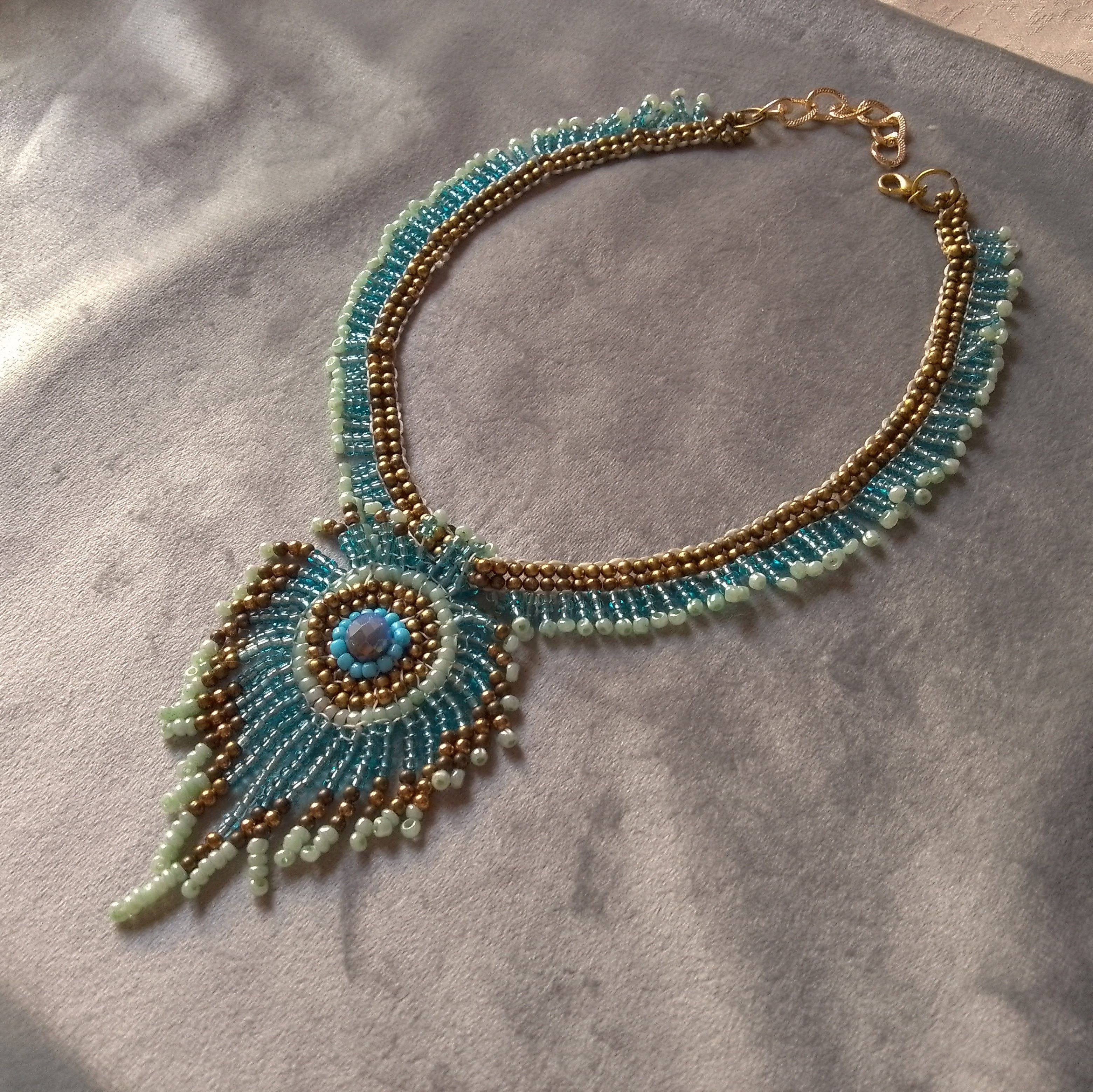 Handmade Necklace Peacock Feather Brass Metallic Glass Blue Crystal Size ONE SIZE - 4 Thumbnail
