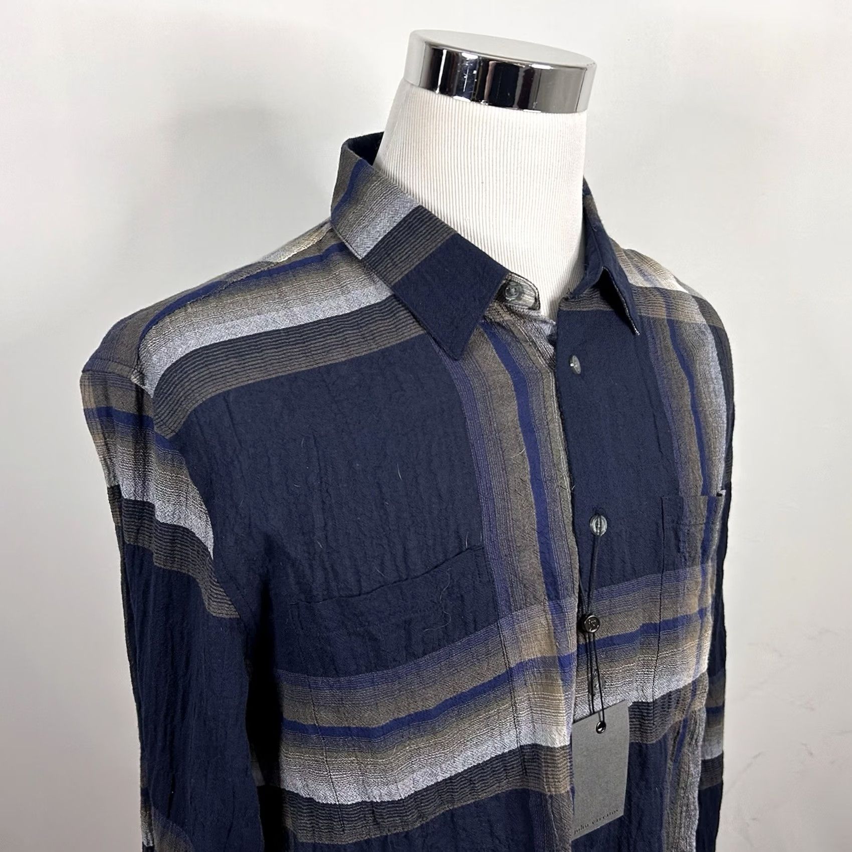John Varvatos John Varvatos Shirt Navy Blue Gray Plaid Cotton Blend Regular Fit Large Cole Button-Up Shirt Mens L Size US L / EU 52-54 / 3 - 2 Thumbnail