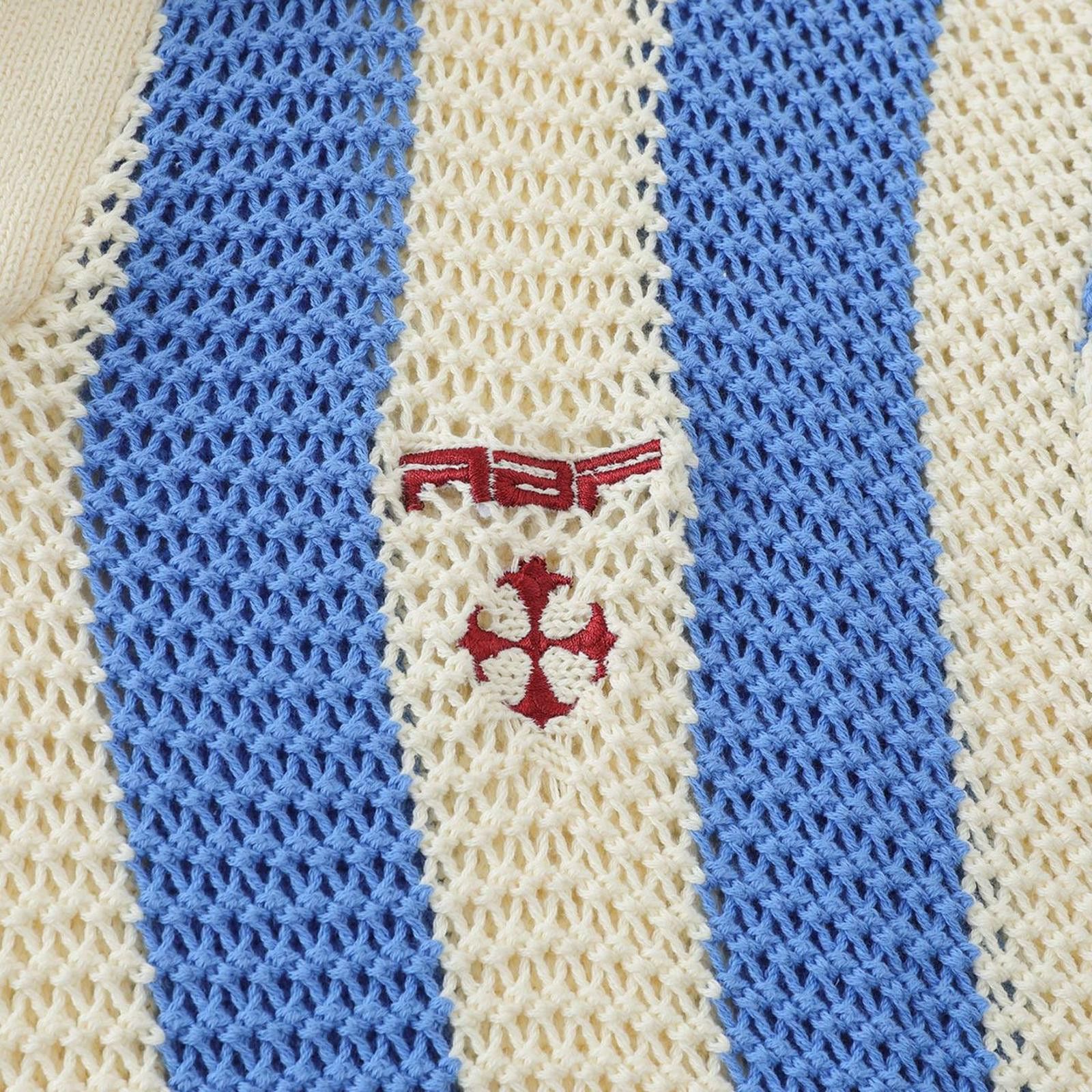 Japanese Brand Blue and Cream Striped Knit Polo Sweater Size US M / EU 48-50 / 2 - 2 Thumbnail