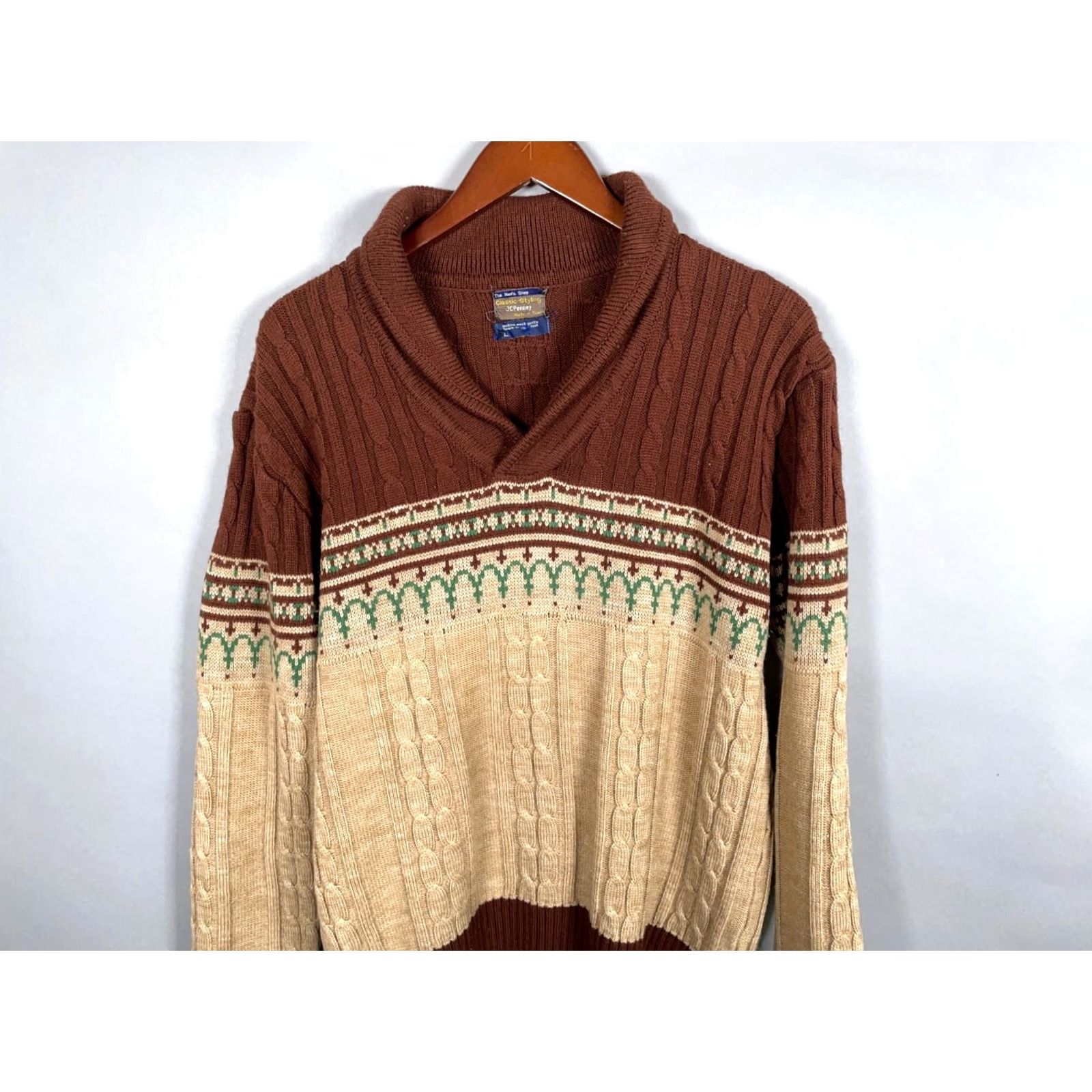 JCPenney VINTAGE J. C. Penney Shawl Collar Sweater Mens Large Beige Brown Fair Isle 70s VTG Size US L / EU 52-54 / 3 - 4 Thumbnail