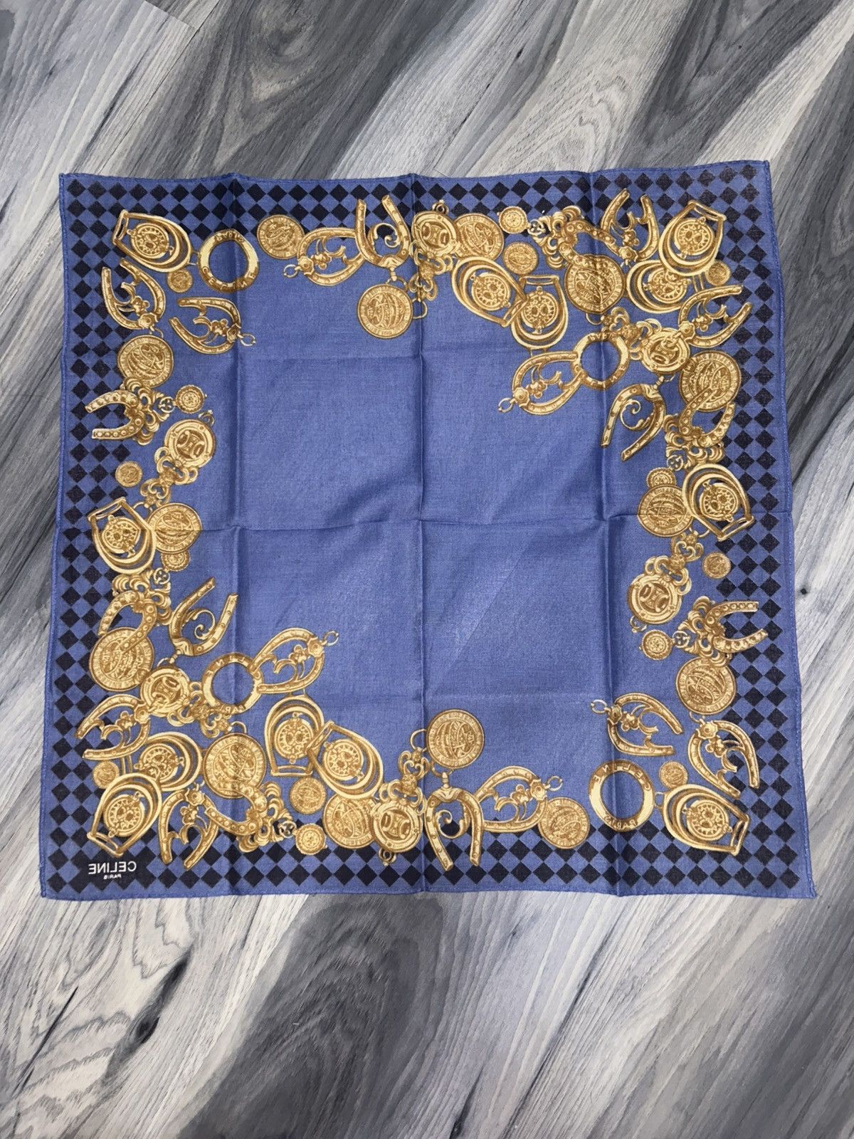 Celine Vintage Celine Blue Cotton Handkerchief with Gold Design Size ONE SIZE - 9 Thumbnail