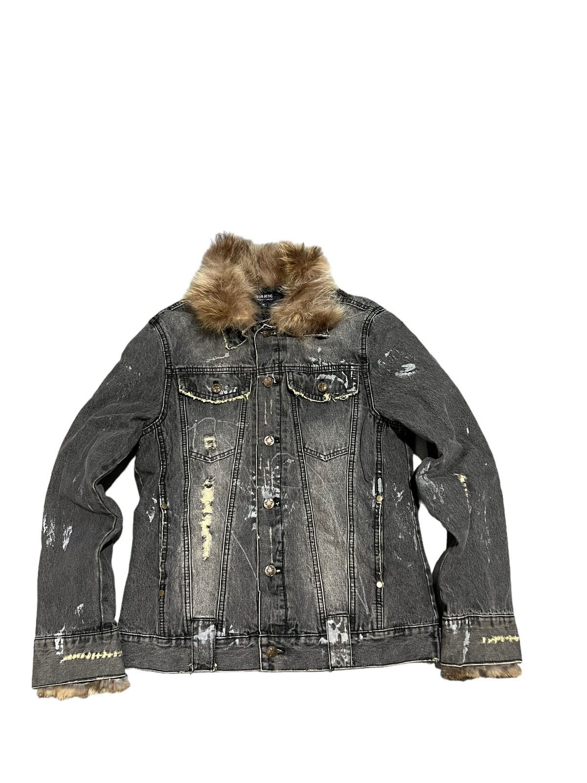 image of If Six Was Nine x Le Grande Bleu L G B In The Attic Raccoon Fur Collar Denim Trucker Jacket in Char