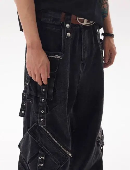 Japanese Brand High Street Black Heavyweight Strappy Design Baggy Jeans Size US 30 / EU 46 - 4 Thumbnail