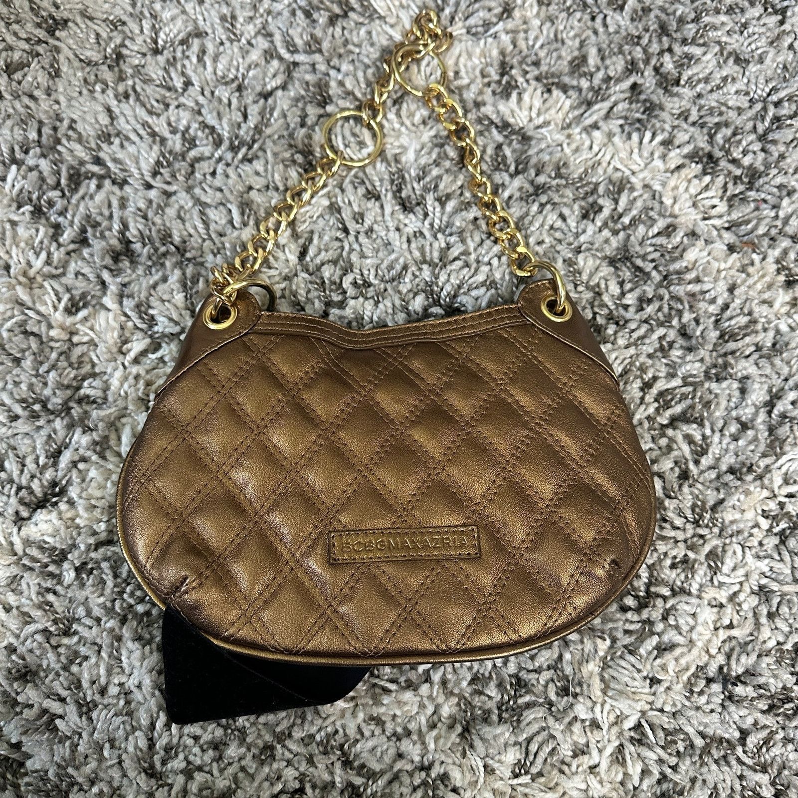Bcbgmaxazria Gold Bronze Look Quilted Purse Black Velvet Bow Chain Size ONE SIZE - 2 Thumbnail