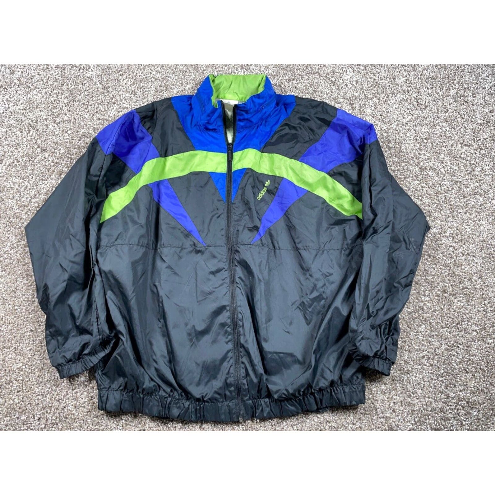 Adidas VINTAGE 80s adidas Windbreaker Jacket Adult XL Black Neon Green Trefoil Mens Size US XL / EU 56 / 4 - 2 Thumbnail