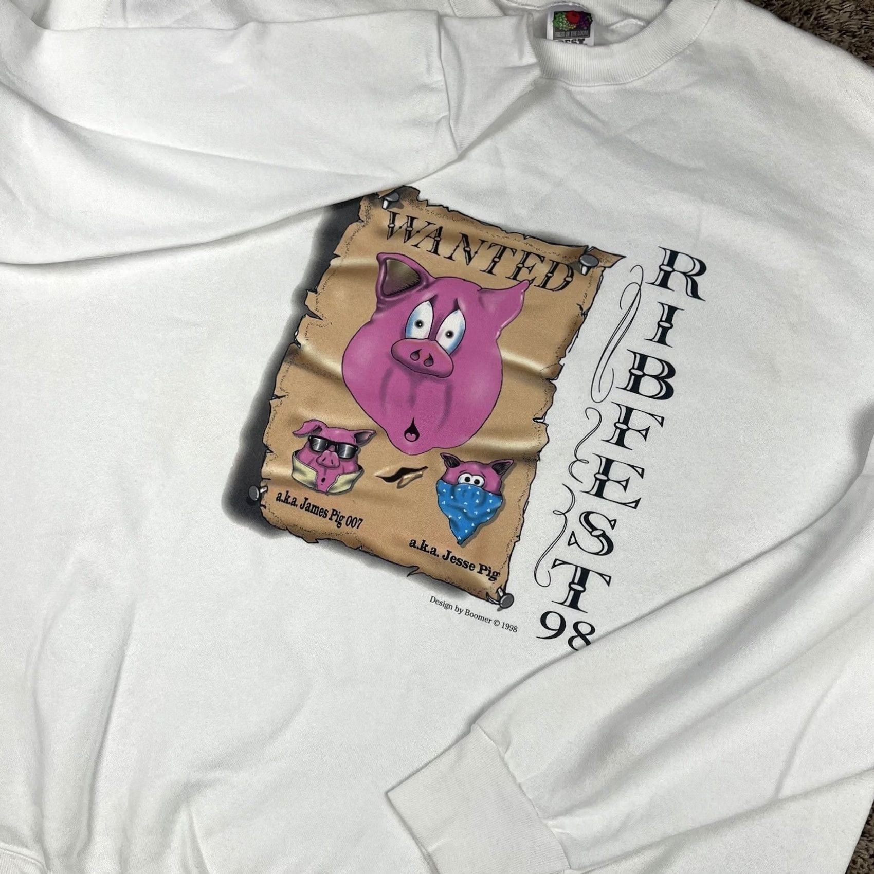 Fruit Of The Loom VINTAGE Pig Swine Ribfest 1998 Graphic Crewneck Sweatshirt 2XL Pullover White 90s Fruits Of The Loom Mens Size US XXL / EU 58 / 5 - 3 Thumbnail