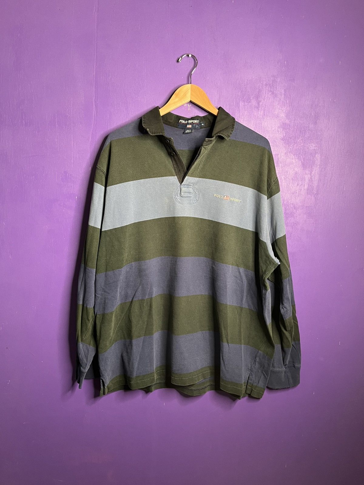 Polo Ralph Lauren × Vintage Vintage 90s Polo sport black/blue striped rugby shirt Size US XL / EU 56 / 4 - 1 Thumbnail