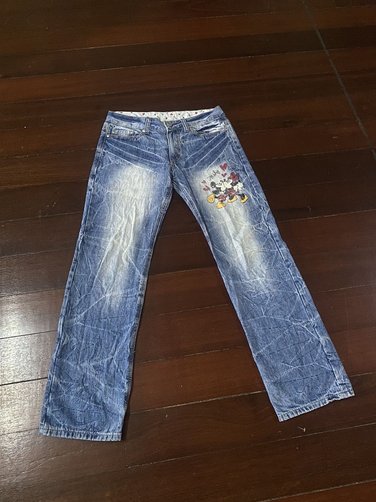 image of Cartoon Network x Disney Sick Flare Jeans Disney Mickey Mouse X Minnie Mouse Kiss in Blue (Size 33)