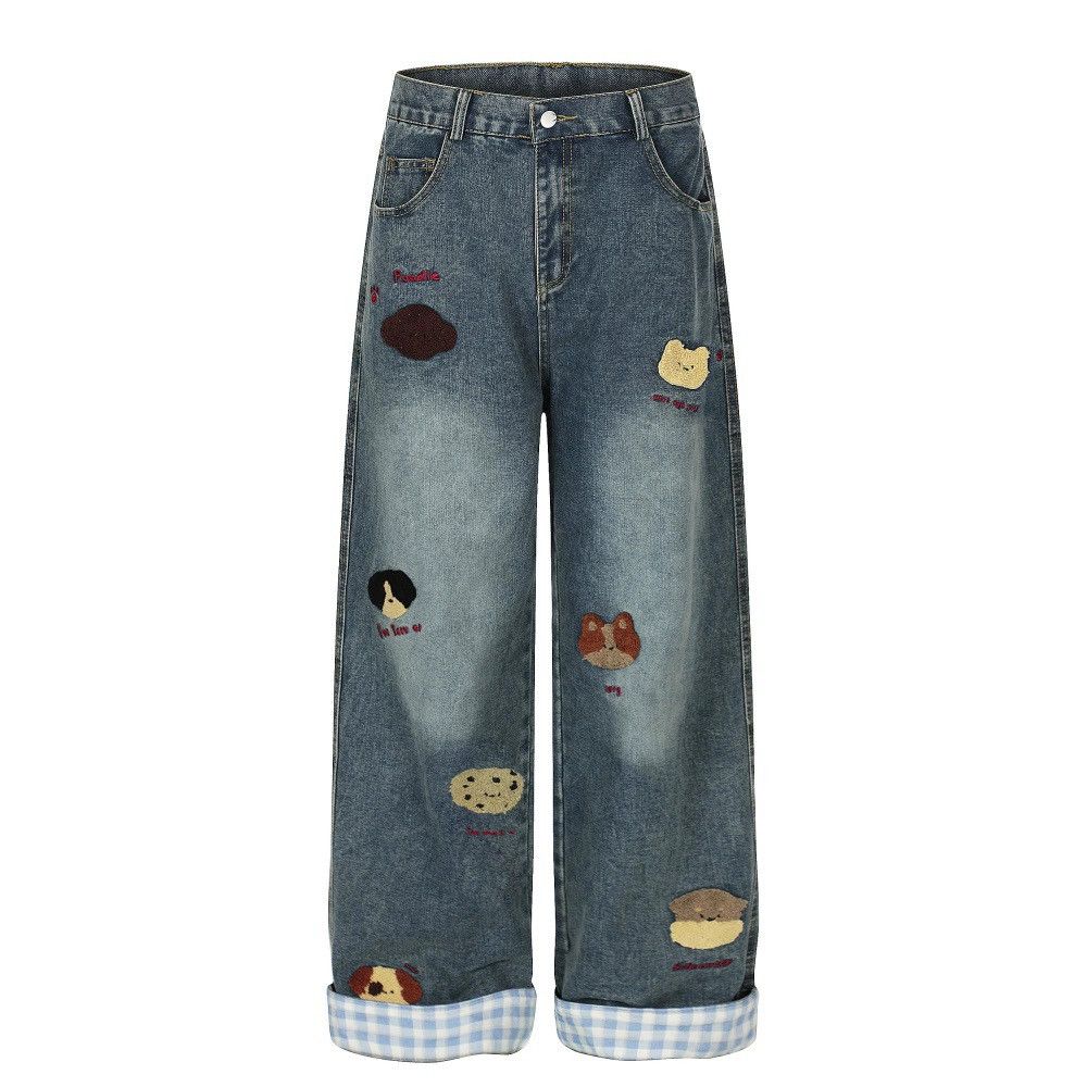 Jean Men's plaid cartoon bear embroidered straight jeans y2k Size US 32 / EU 48 - 1 Thumbnail