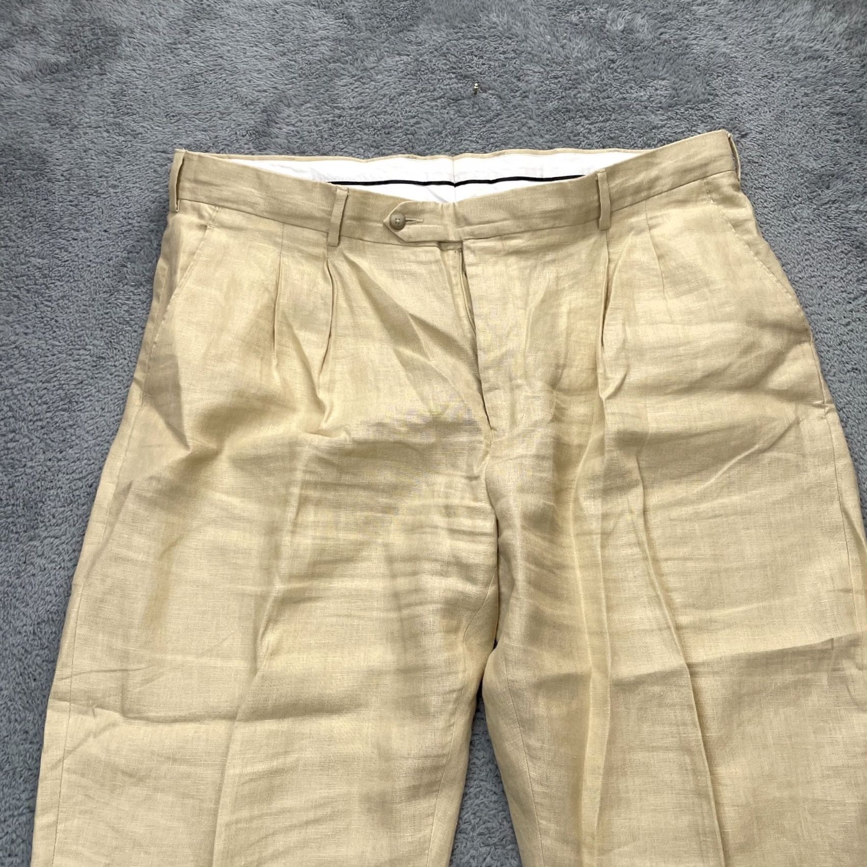 Vintage VTG Paul Fredrick Pants Mens 42 Beige Linen Pleated Straight Leg Chino Formal Size US 42 / EU 58 - 3 Thumbnail