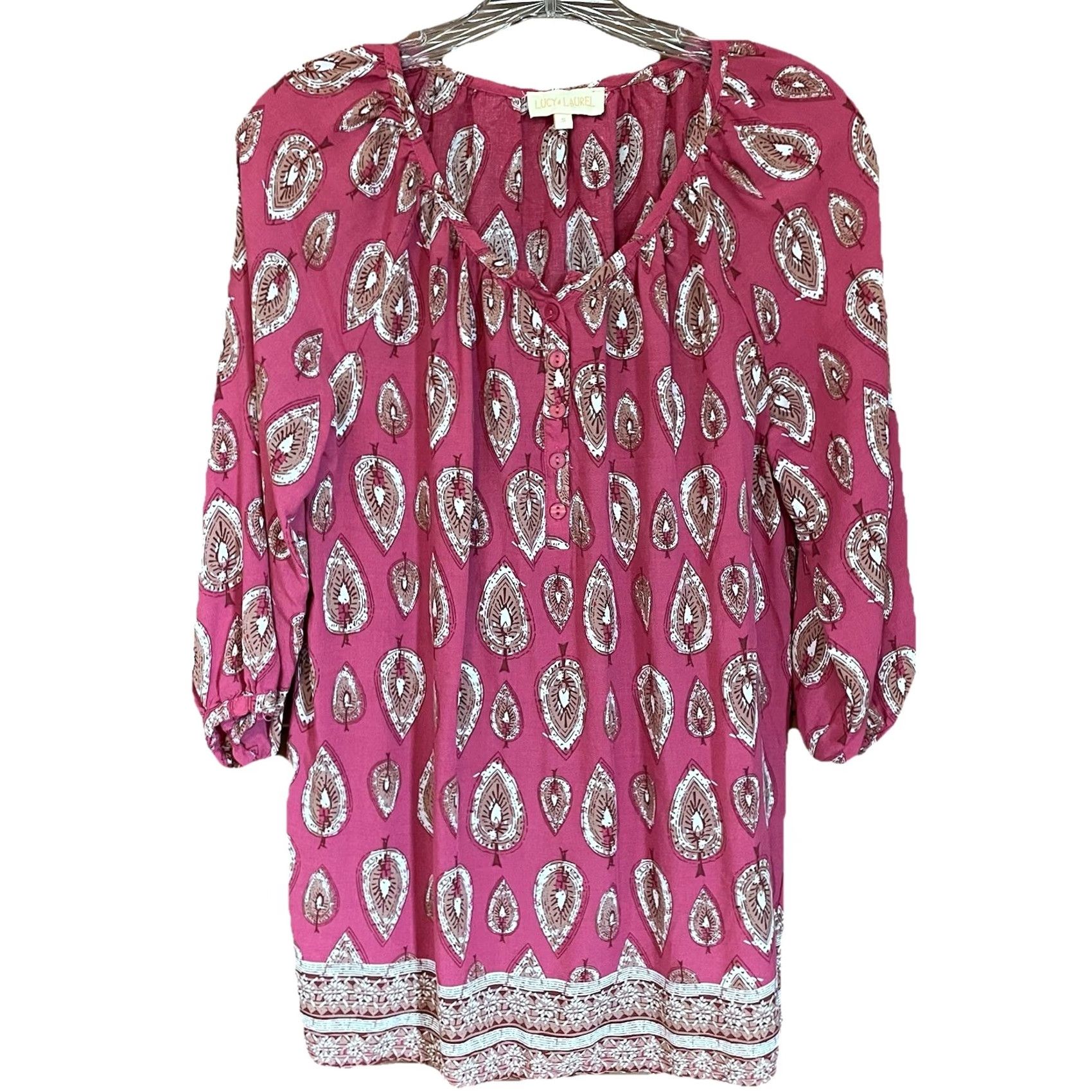 Vintage Lucy and Laurel Tunic Blouse Womens Sz S Pink Boho 3/4 Puff Sleeve Paisley Knit Casual Bohemian Shirt Womens Size S / US 4 / IT 40 - 2 Thumbnail