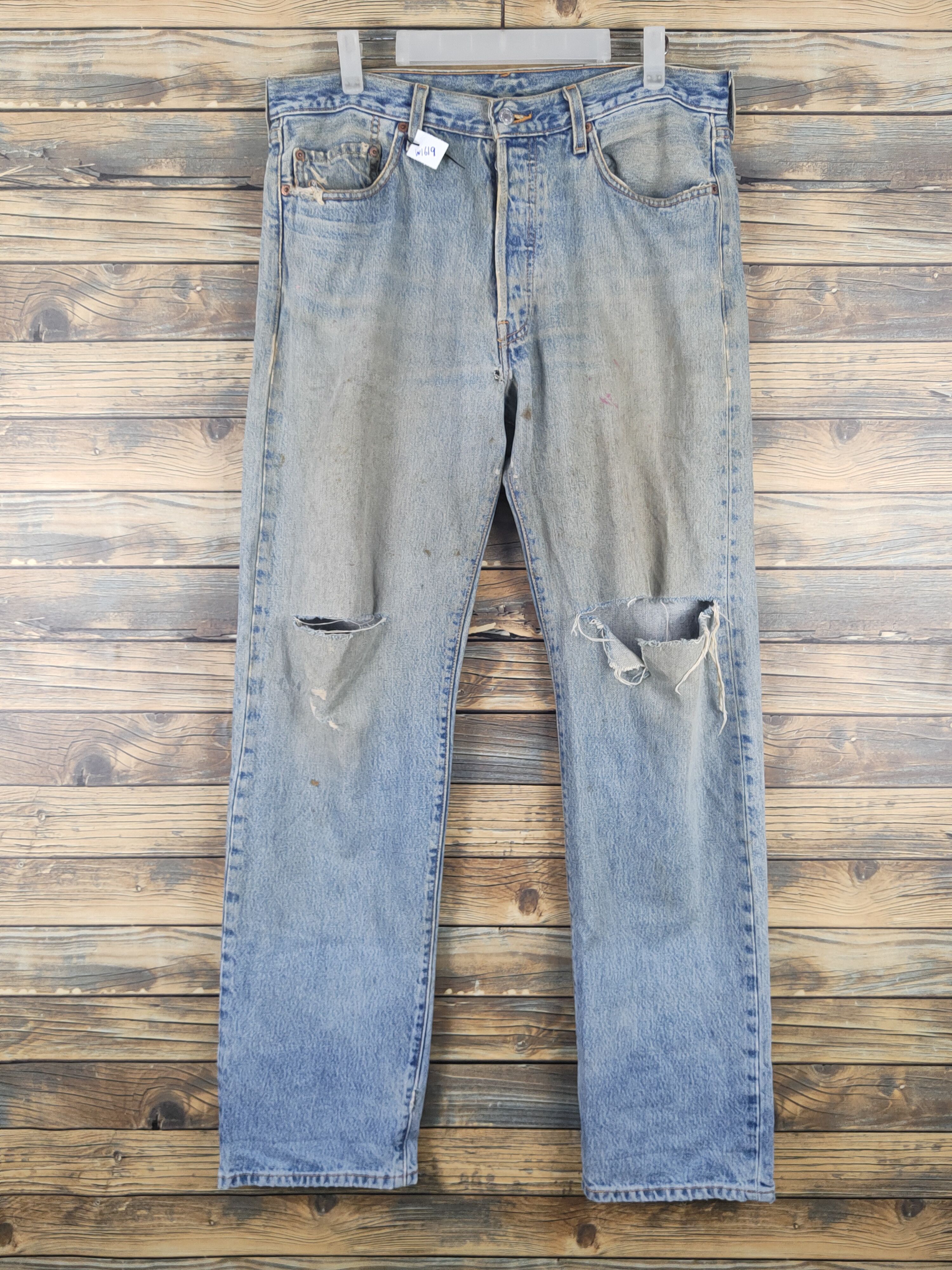 Levi's 501 Levis vintage Blue Distressed Ripped denim Jeans #W1619 Size US 34 / EU 50 - 1 Thumbnail