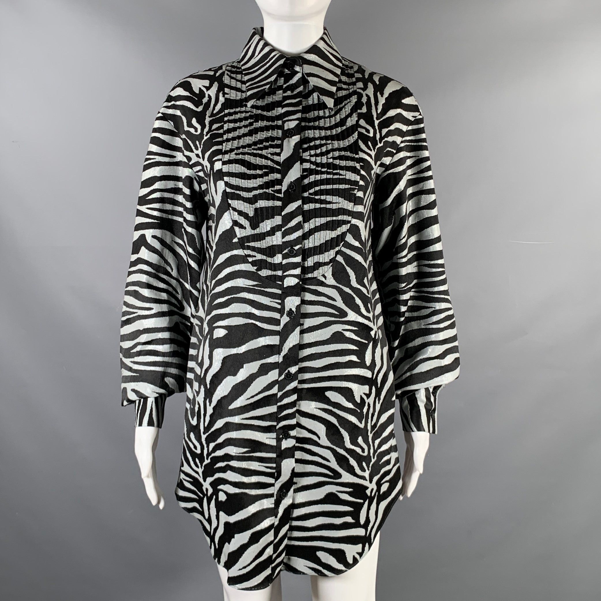 image of Prabal Gurung Black Silver Animal Print Long Shirt, Women's (Size Small)