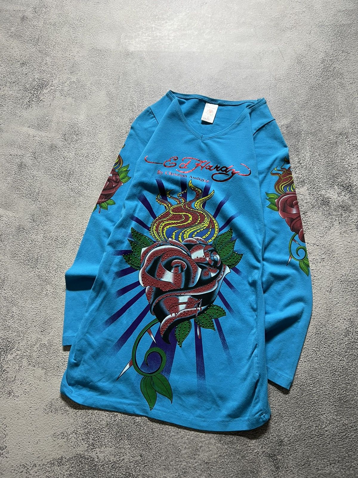 Christian Audigier × Ed Hardy × Vintage Vintage Y2k Ed Hardy 🌹💙 Rosed Long Sleeve Dress 00’s Size S / US 4 / IT 40 - 3 Thumbnail