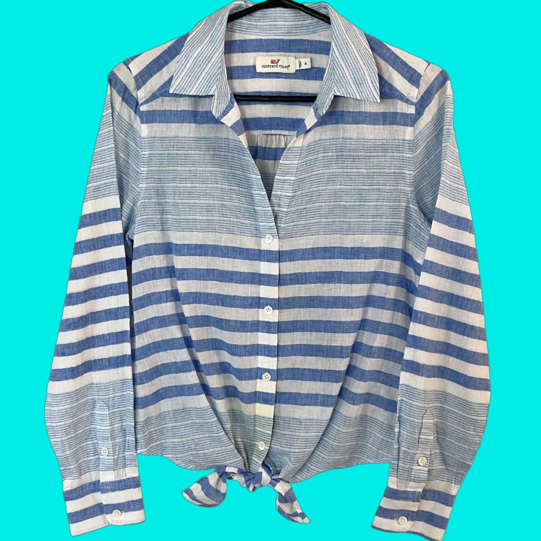 Vineyard Vines VINTAGE Vineyard Vines Striped Button-Up Shirt Women's Size 4 Blue Linen Long Sleeve Preppy Size S / US 4 / IT 40 - 1 Thumbnail