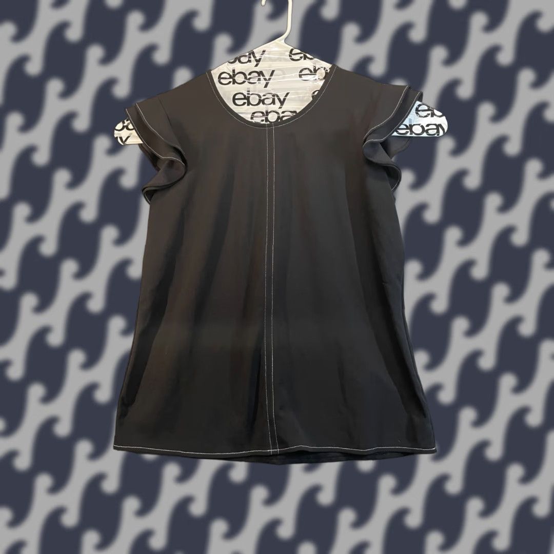 Worthington Worthington Blouse Shirt Womens L Black Flutter Sleeve Short Sleeve Round Neck Keyhole Back Neck Trim Solid Polyester Spandex Basic 2020s? Size L / US 10 / IT 46 - 1 Thumbnail