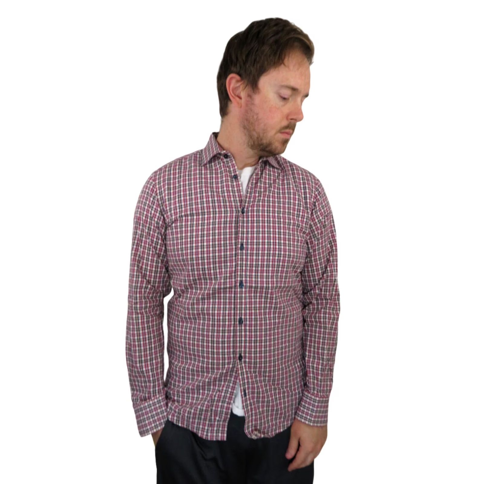 Vintage Sand Long Sleeve Button Down Dress Shirt Mens Small Plaid White Red Slim Cotton 100% Casual Formal Work Shirt Mens Size 36R - 2 Thumbnail