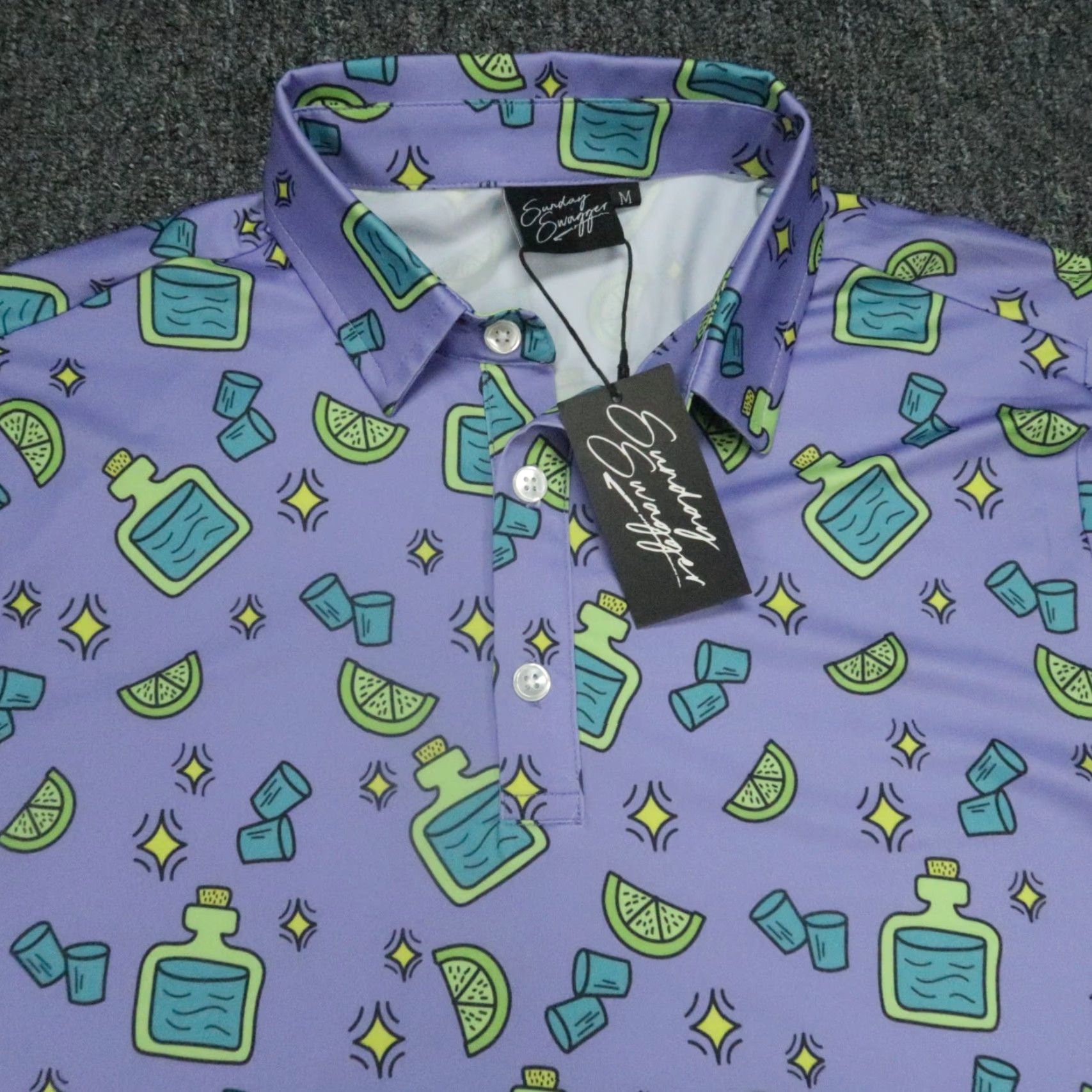 Vintage Sunday Swagger Shirt Mens Medium Polo NWT Purple Geometric Breathable Performance Golf Short Sleeve Button Closure 42in Chest Size US M / EU 48-50 / 2 - 2 Thumbnail