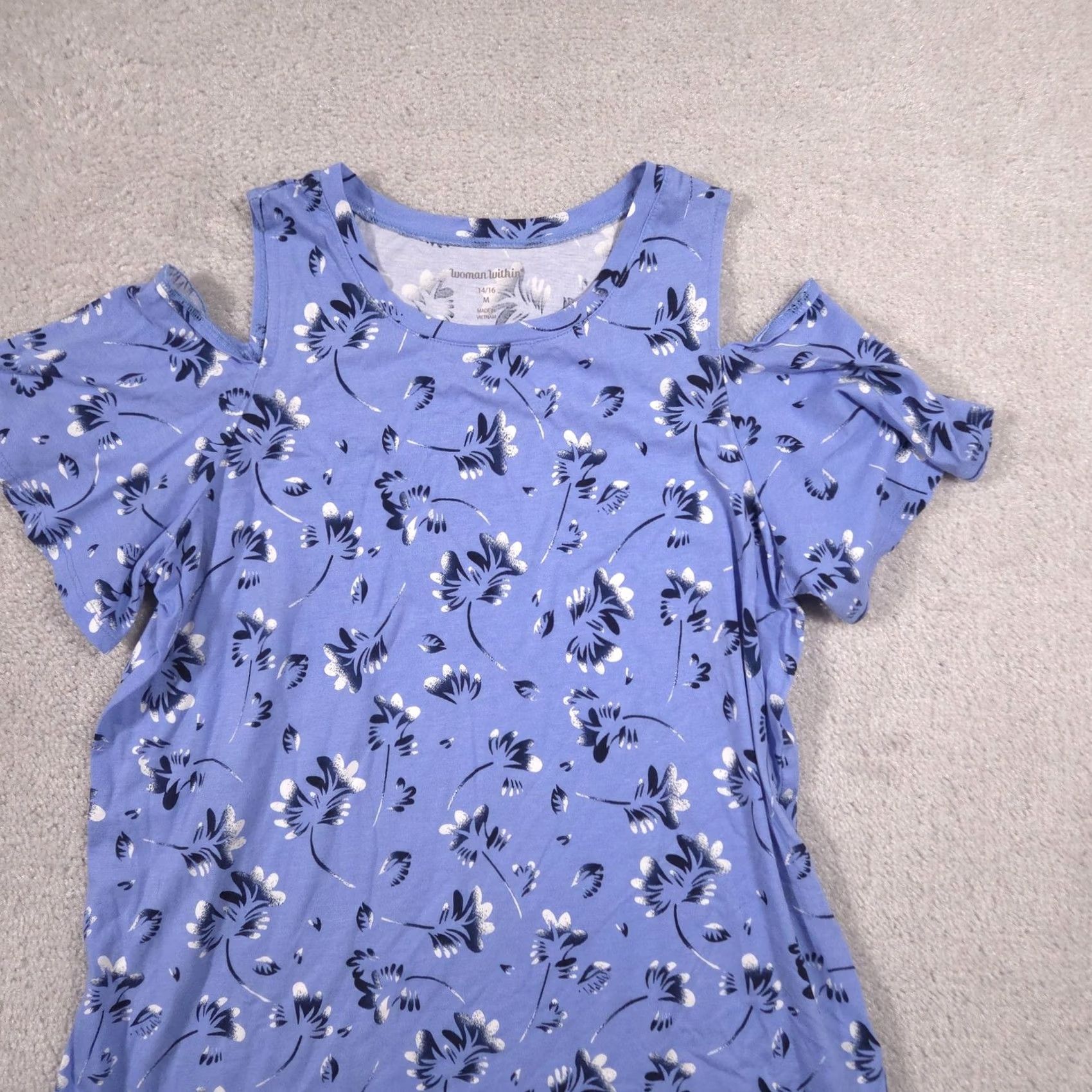 Vintage Woman Within Shirt Womens Blue Floral Cold Shoulder Sleeve Ruffle Top 14/16 Size XL / US 12-14 / IT 48-50 - 3 Thumbnail