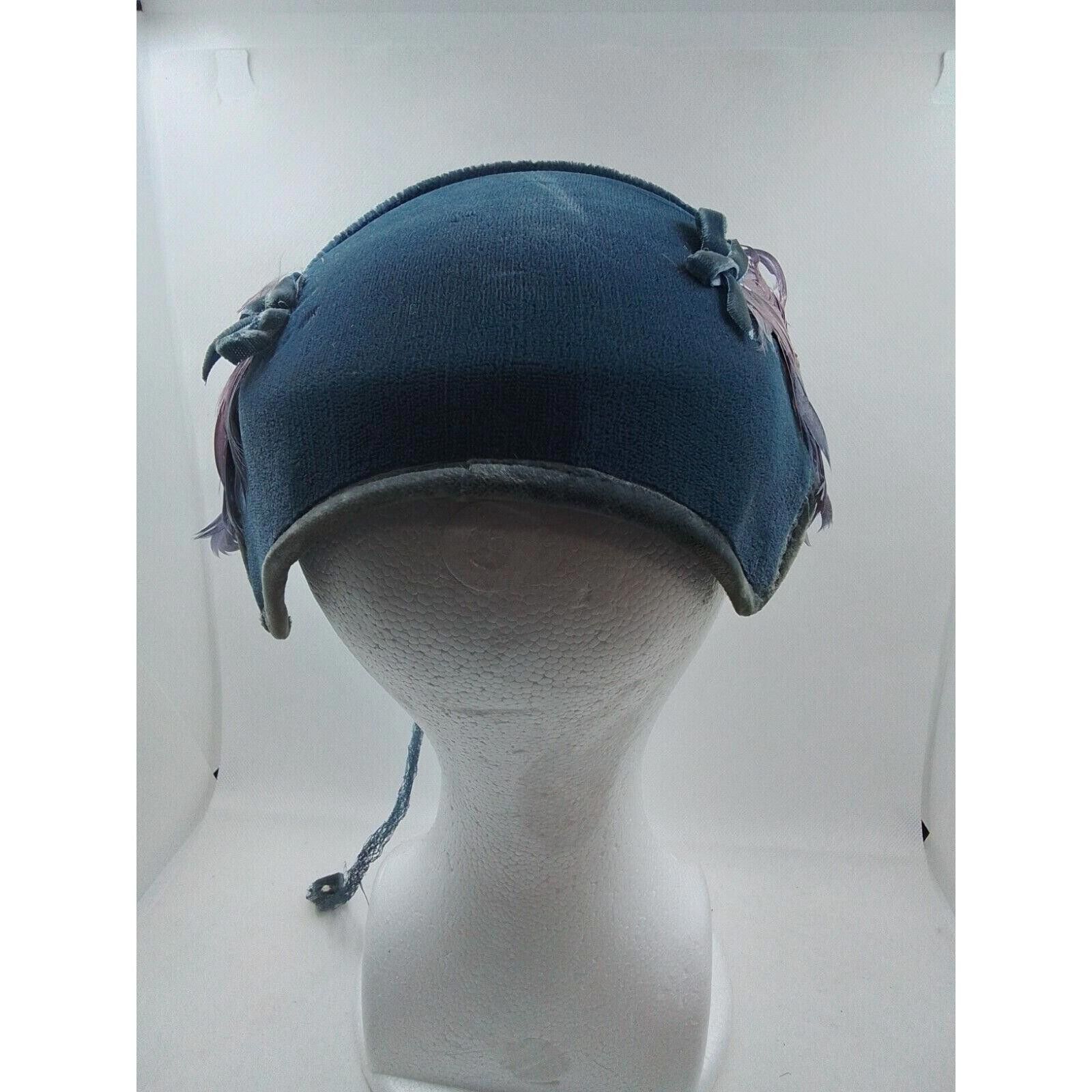 Designer Ladies Blue Felt Hat With Feathers and Light purple Netting Size ONE SIZE - 4 Thumbnail