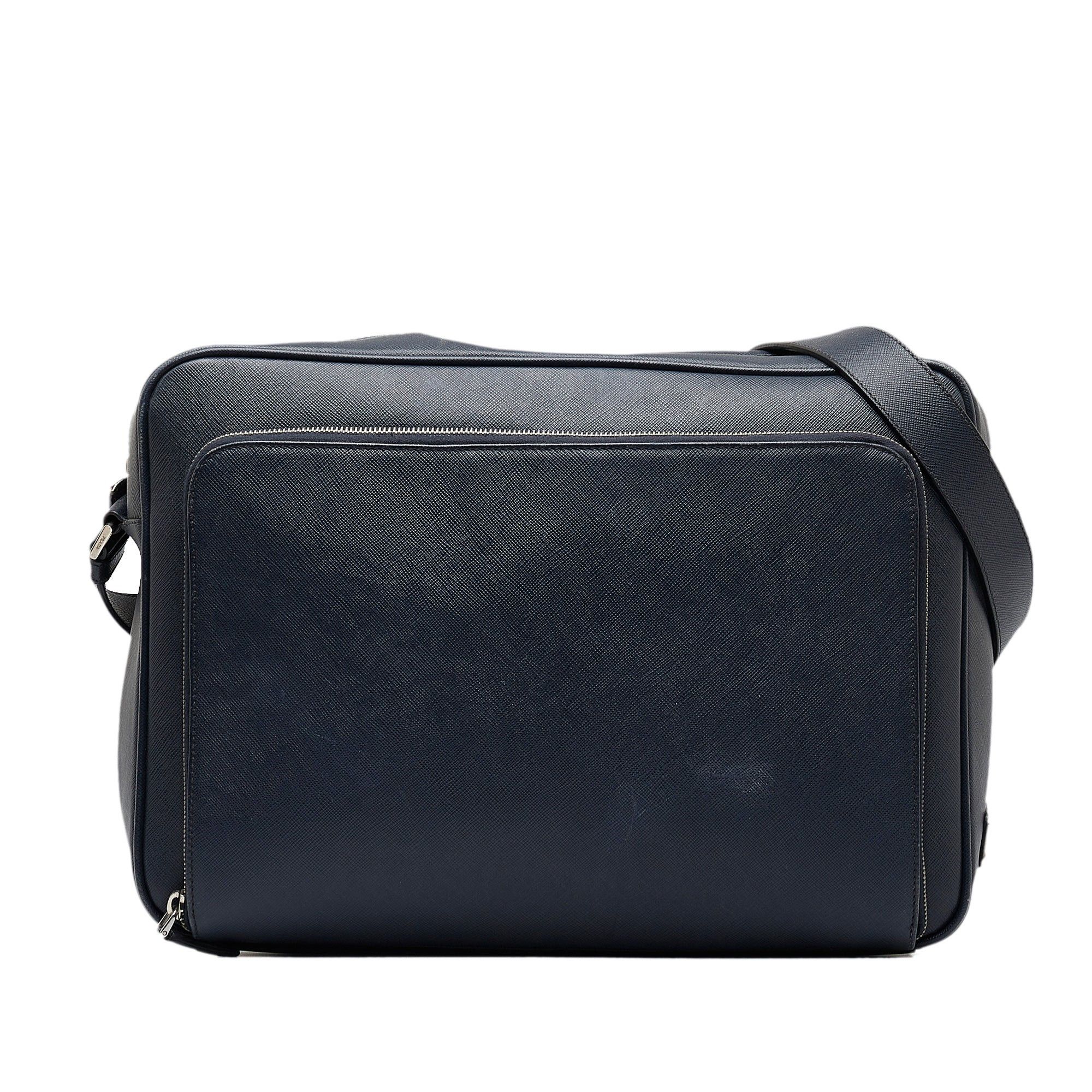 image of Prada Saffiano Zip Around Messenger Bag in Blue, Women's