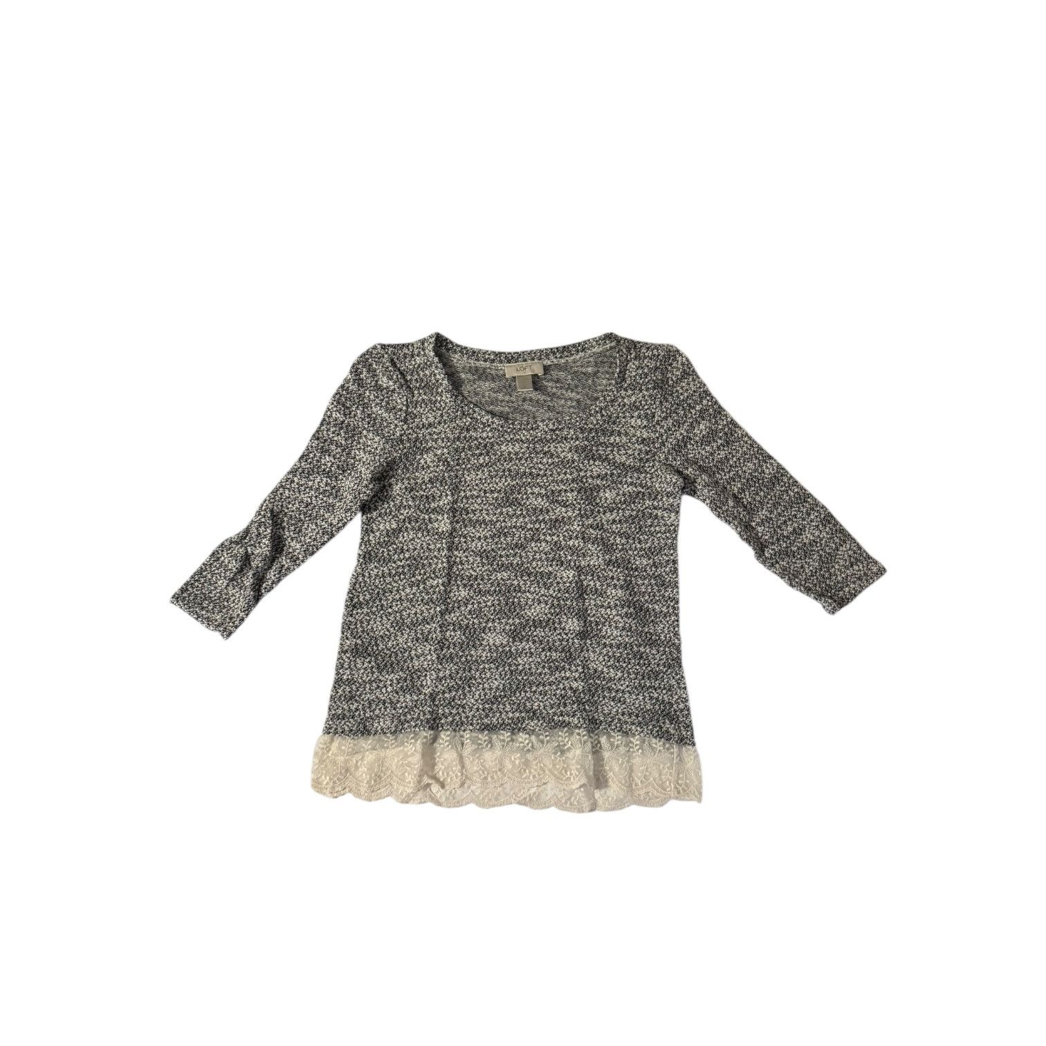 Loft Ann Taylor LOFT Light Gray & White Sweater Lacy Trim – Small Size S / US 4 / IT 40 - 1 Thumbnail