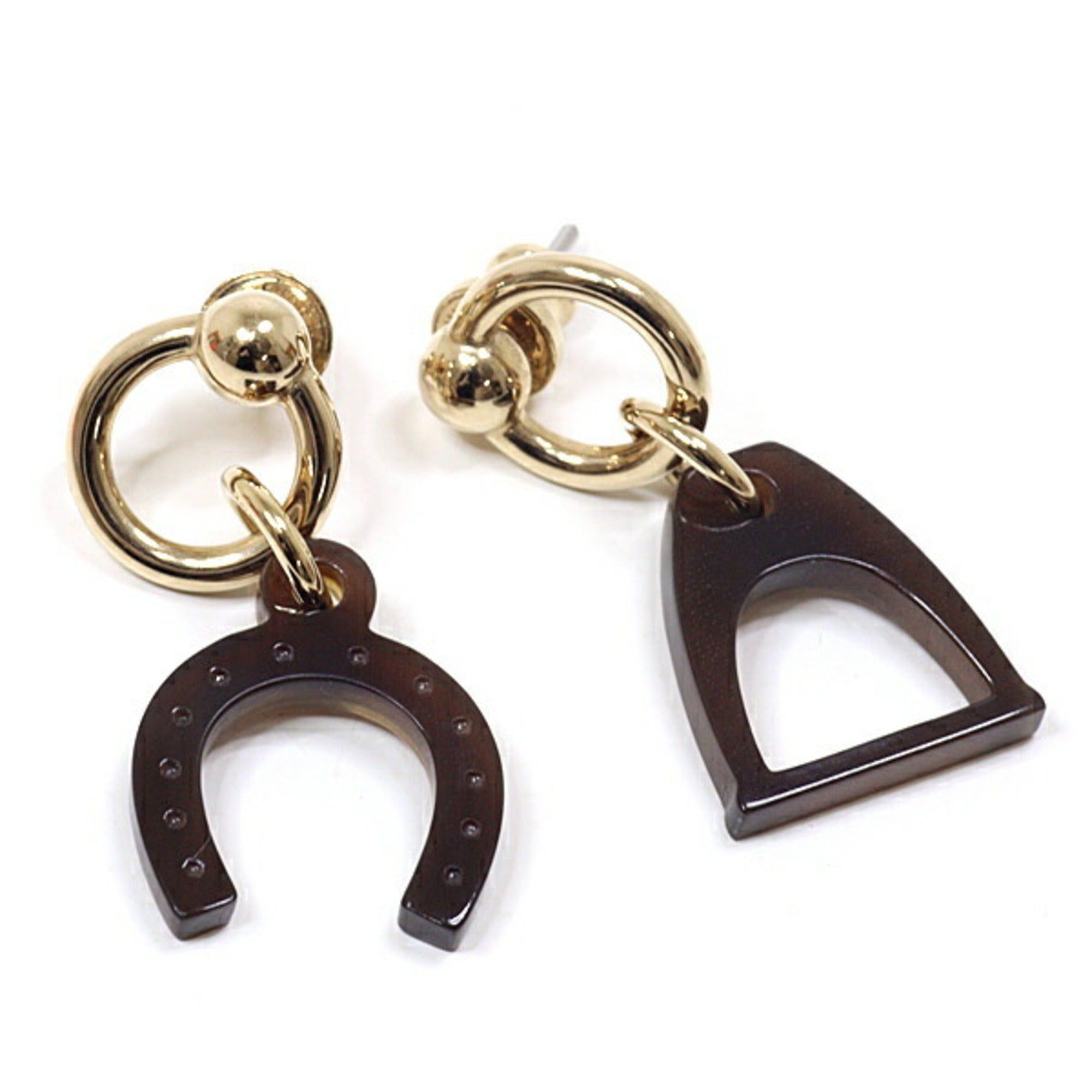 image of Hermes Earrings Amulet Buffalo Horn Lacquer Horseshoe Stirrup Brown in Black, Women's