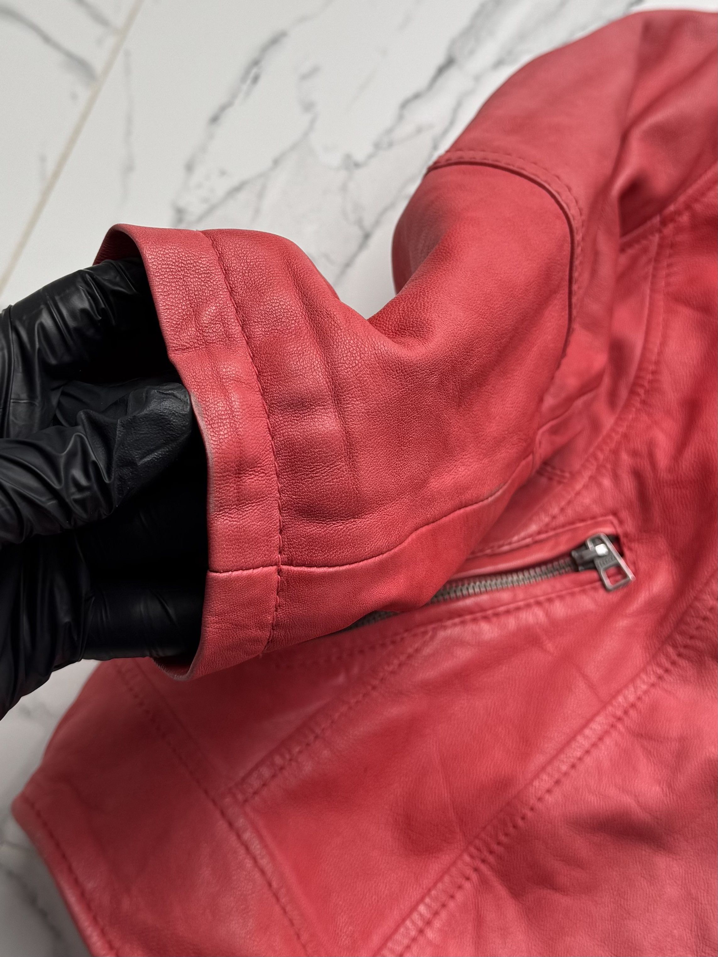 Leather Y2K Red Leather Biker Jacket Cropped Moto Zip Up Slim Fit Size XS / US 0-2 / IT 36-38 - 6 Thumbnail
