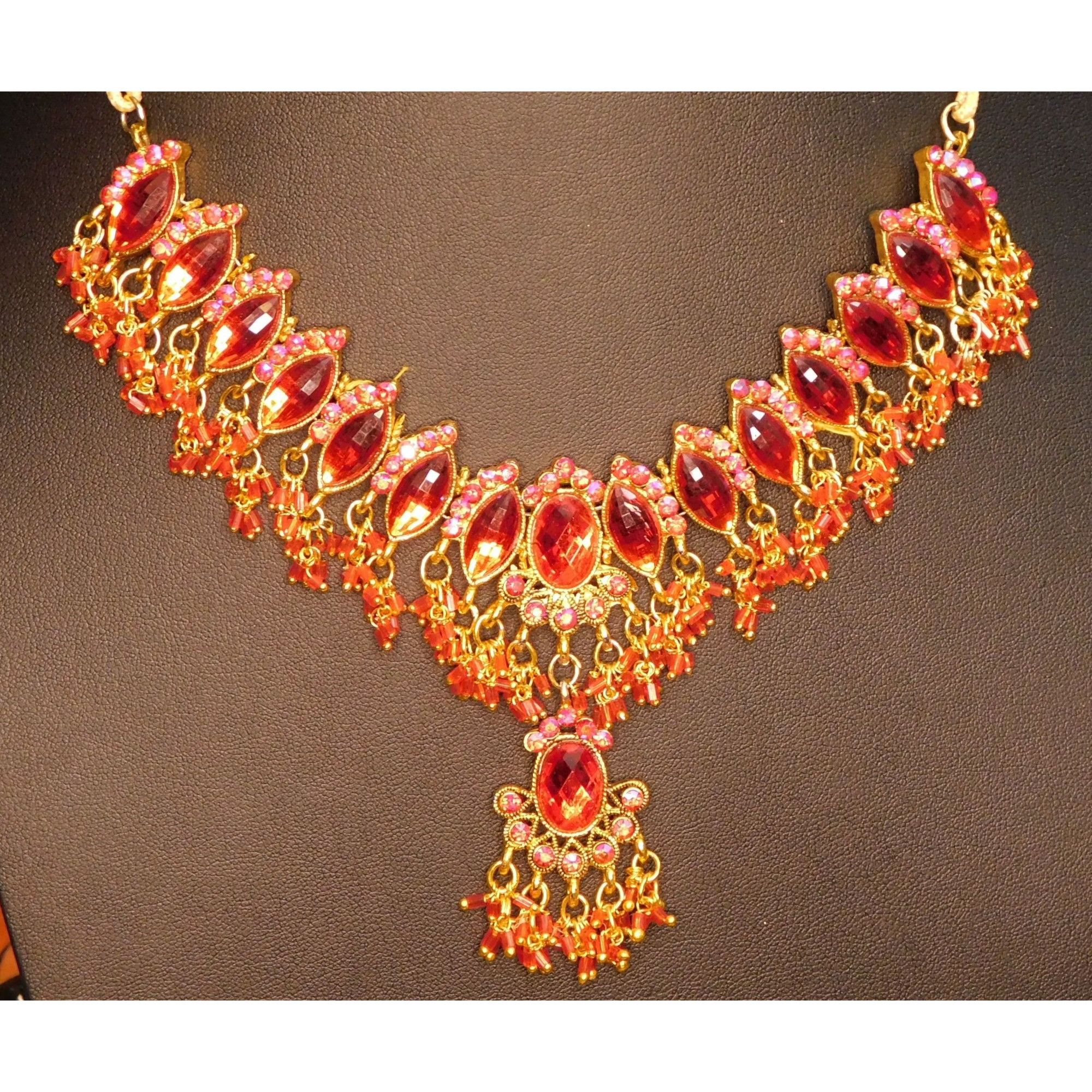 Other Indian Bridal Necklace Red Gem On Gold Tone Metal And Cord Size ONE SIZE - 3 Thumbnail