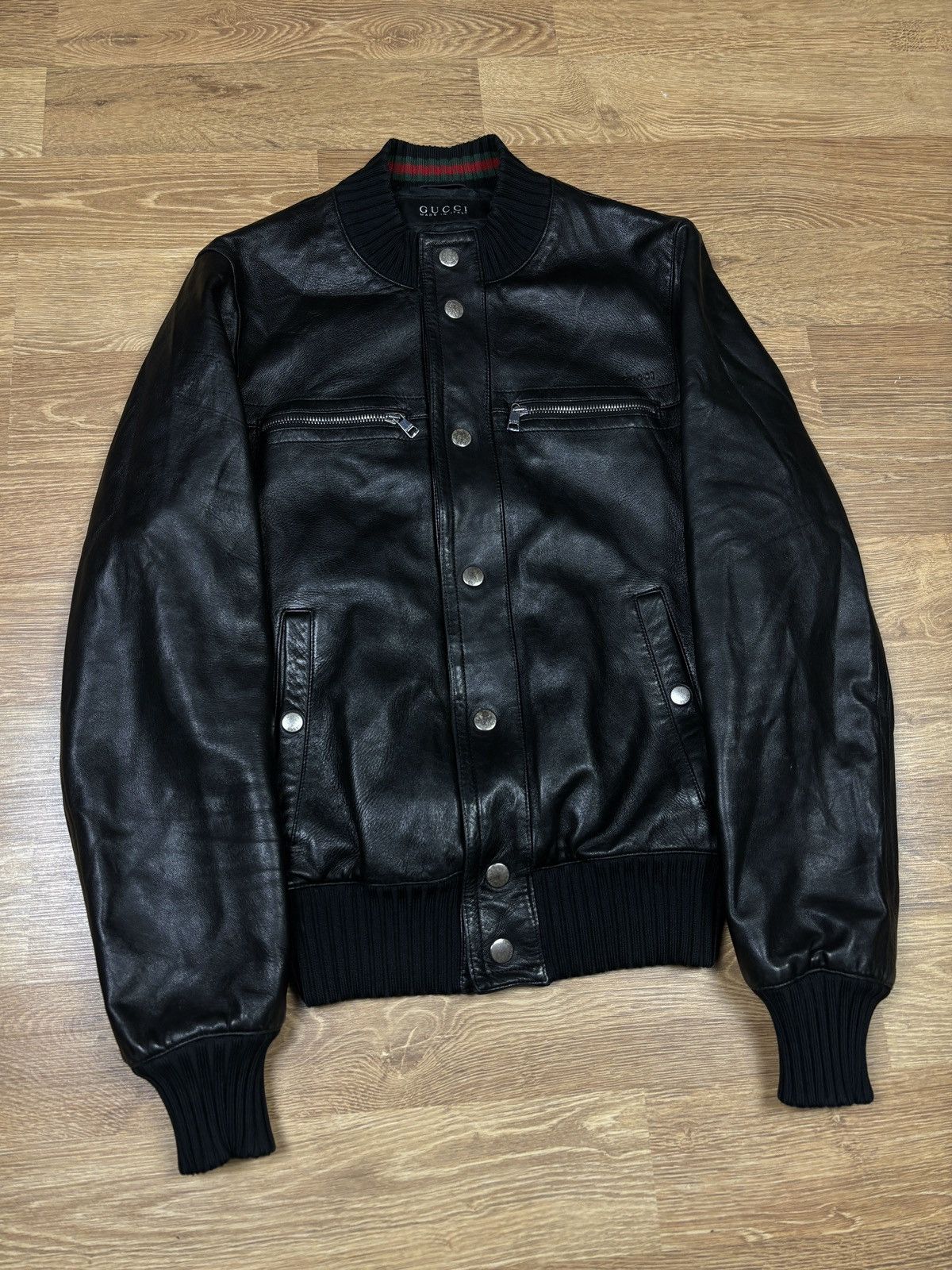 Gucci 2000s Gucci Web Stripe Leather Bomber Jacket Size US S / EU 44-46 / 1 - 3 Thumbnail