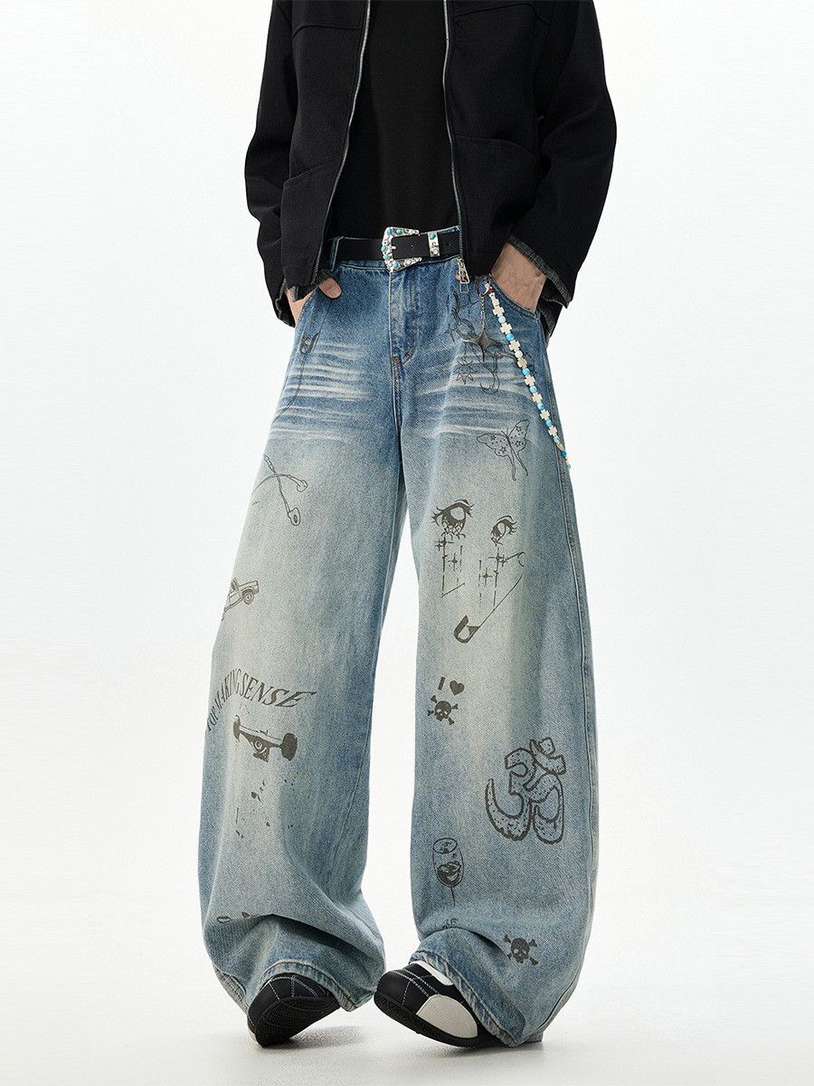 Japanese Brand Men's American Retro Washed Graffiti Jeans Size US 32 / EU 48 - 2 Thumbnail