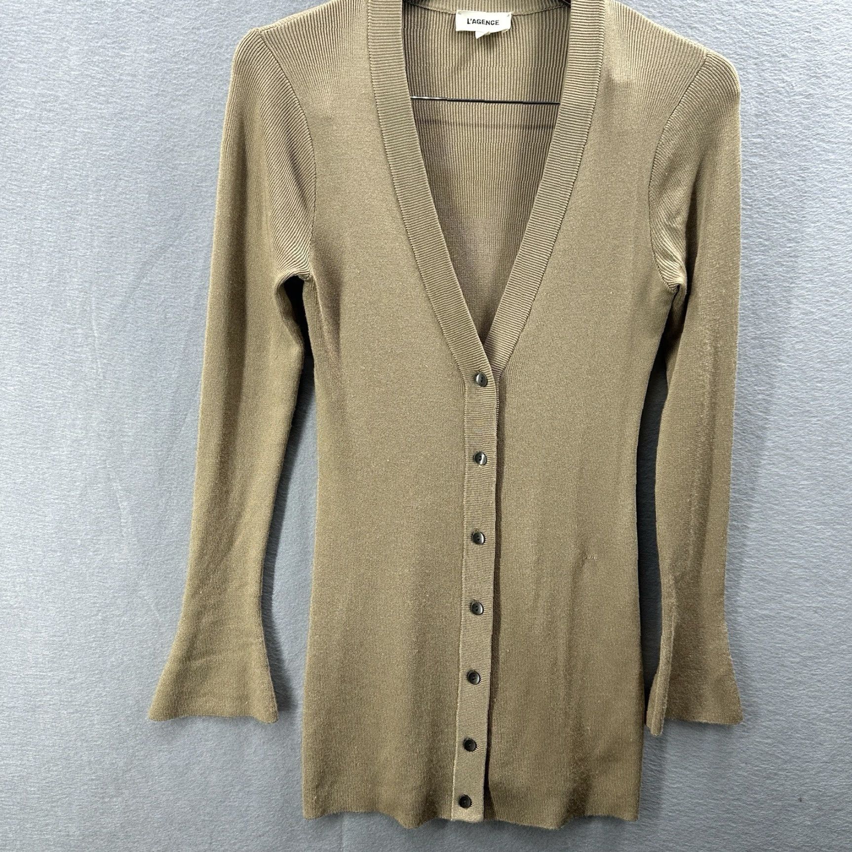 L'AGENCE L'AGENCE Gold Ribbed Cardigan Women's S Flared Long Sleeve V-Neck Lightweight Knit Sweater Designer Modern Size S / US 4 / IT 40 - 2 Thumbnail