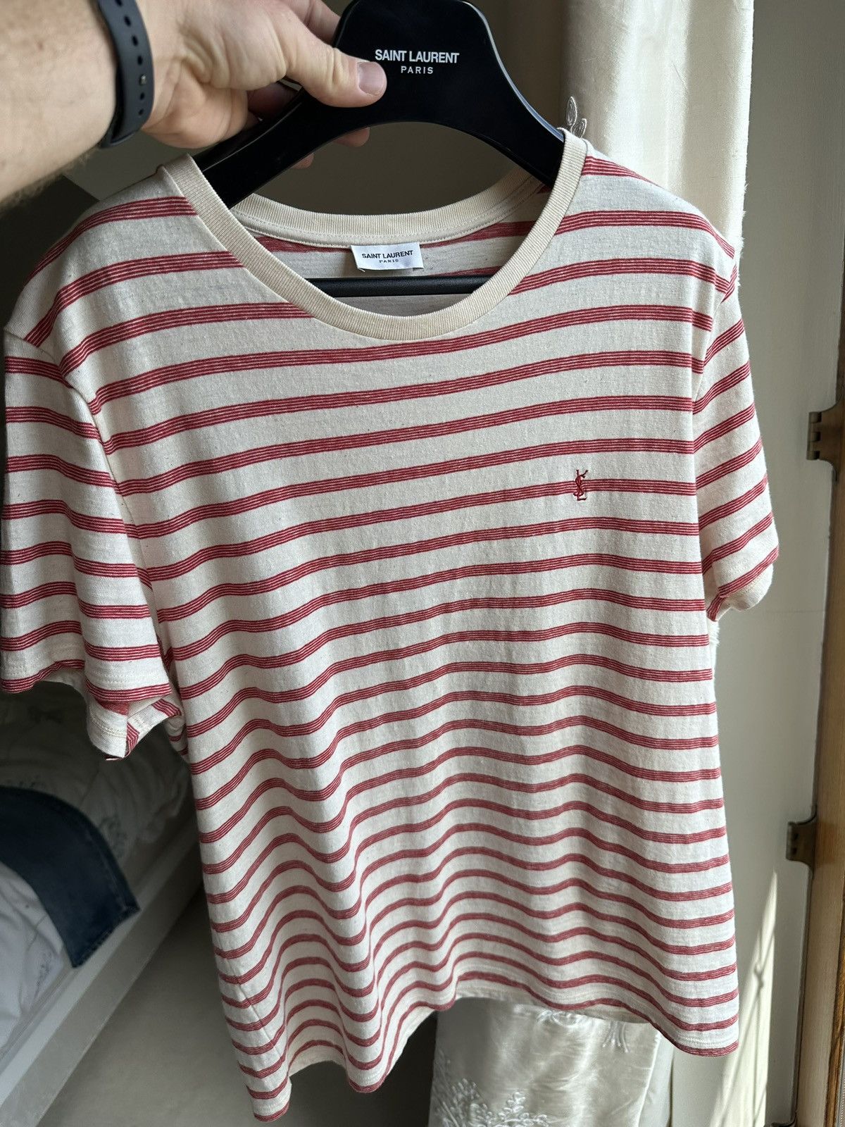 Saint Laurent Paris $620 Saint Laurent STRIPED CASSANDRE T-SHIRT