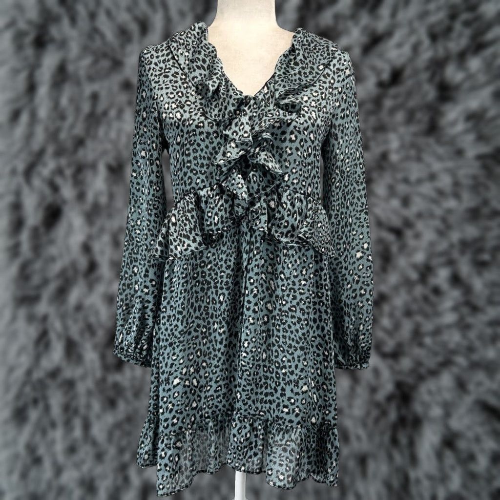 Zara NEW! Zara Ruffled Animal Print Mini Dress Sz X-Small Blue Long Sleeve Size XS / US 0-2 / IT 36-38 - 1 Thumbnail