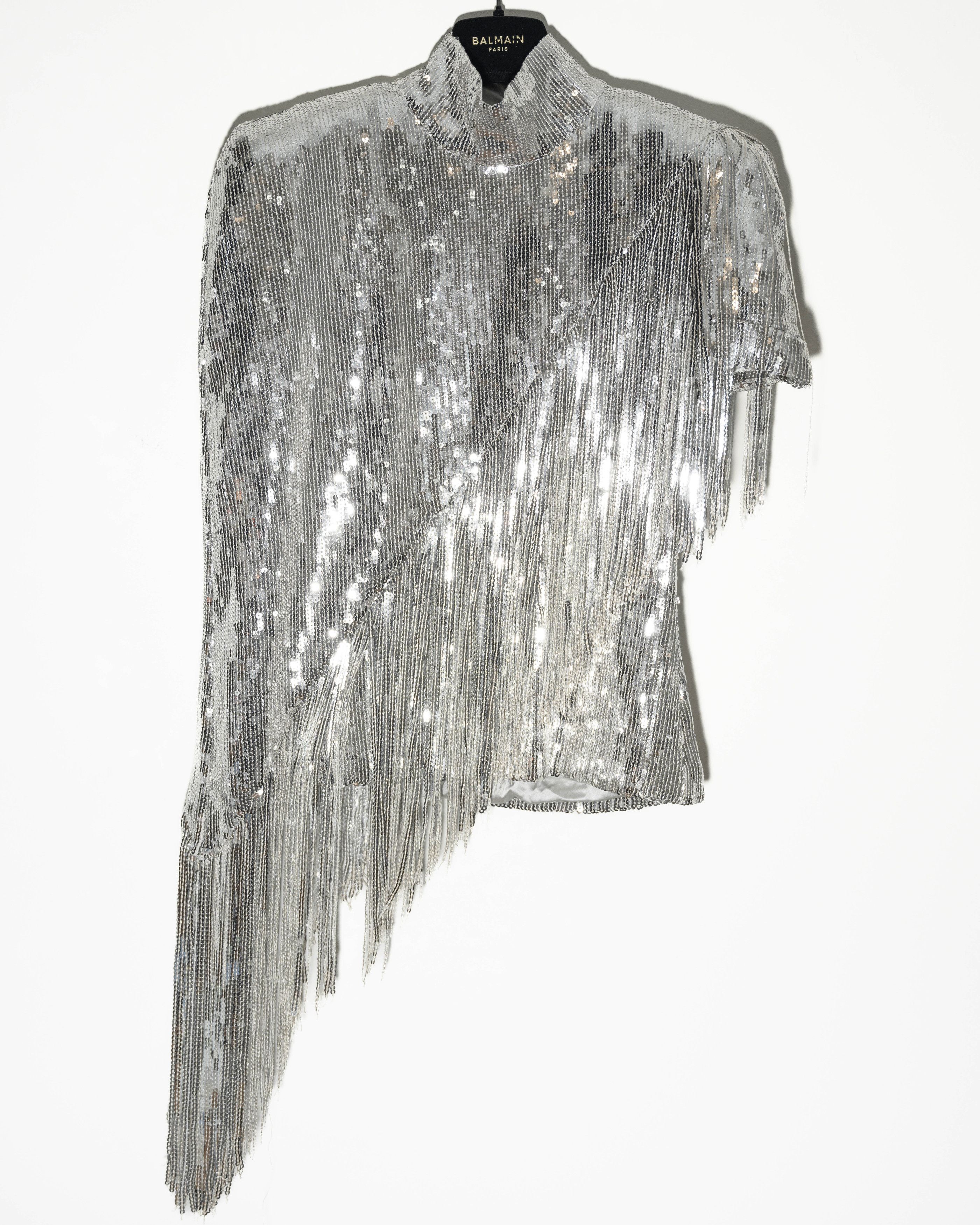 image of Balmain Asymmetric Silver Sequined Top Size Fr 34, Women's