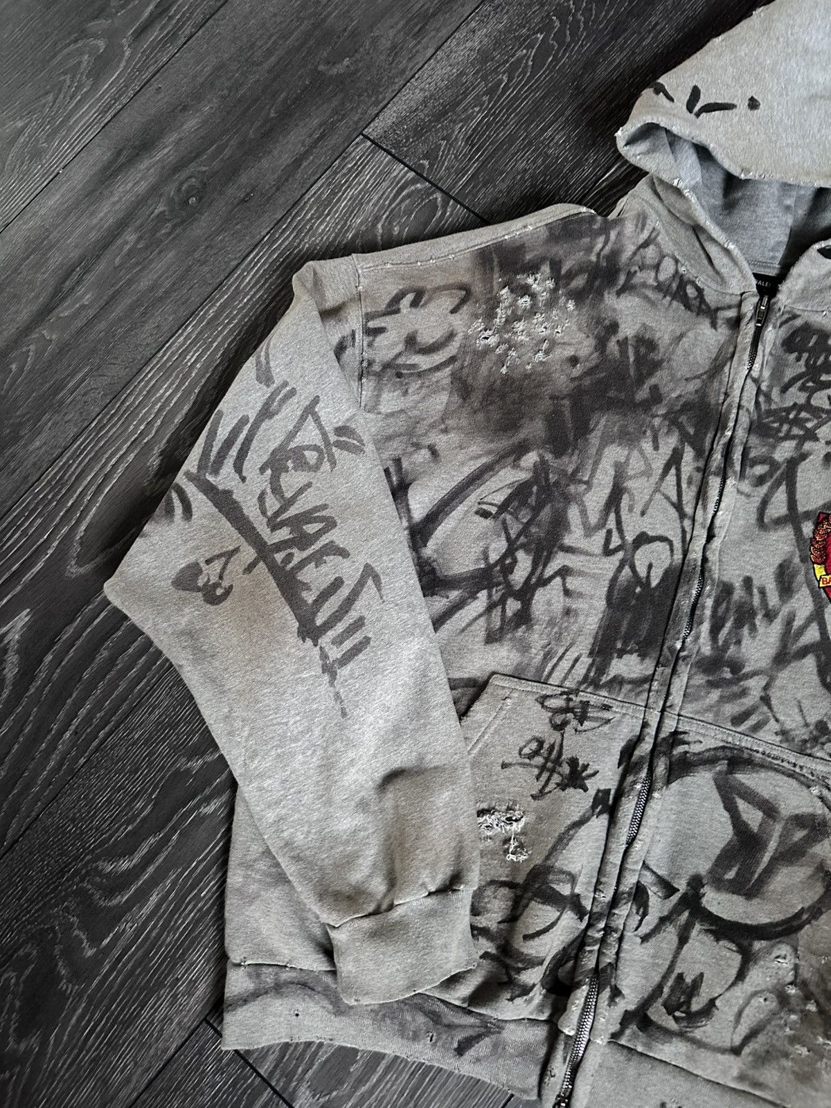 balenciaga skater graffiti distressed zip up hoodie grey