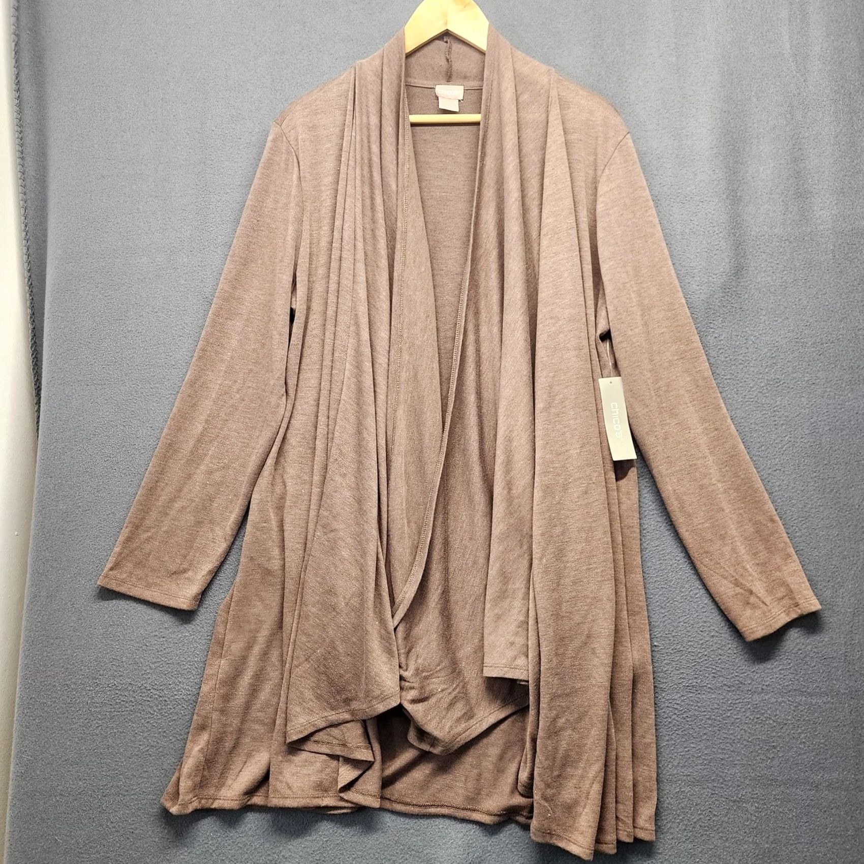 Vintage Chicos Cardigan Top Womens XL Tan Knit Flowy Twist Neck Long Sleeve Sweater Casual Travel Capsule Regular Womens XL Cardigan Top Size XL / US 12-14 / IT 48-50 - 2 Thumbnail