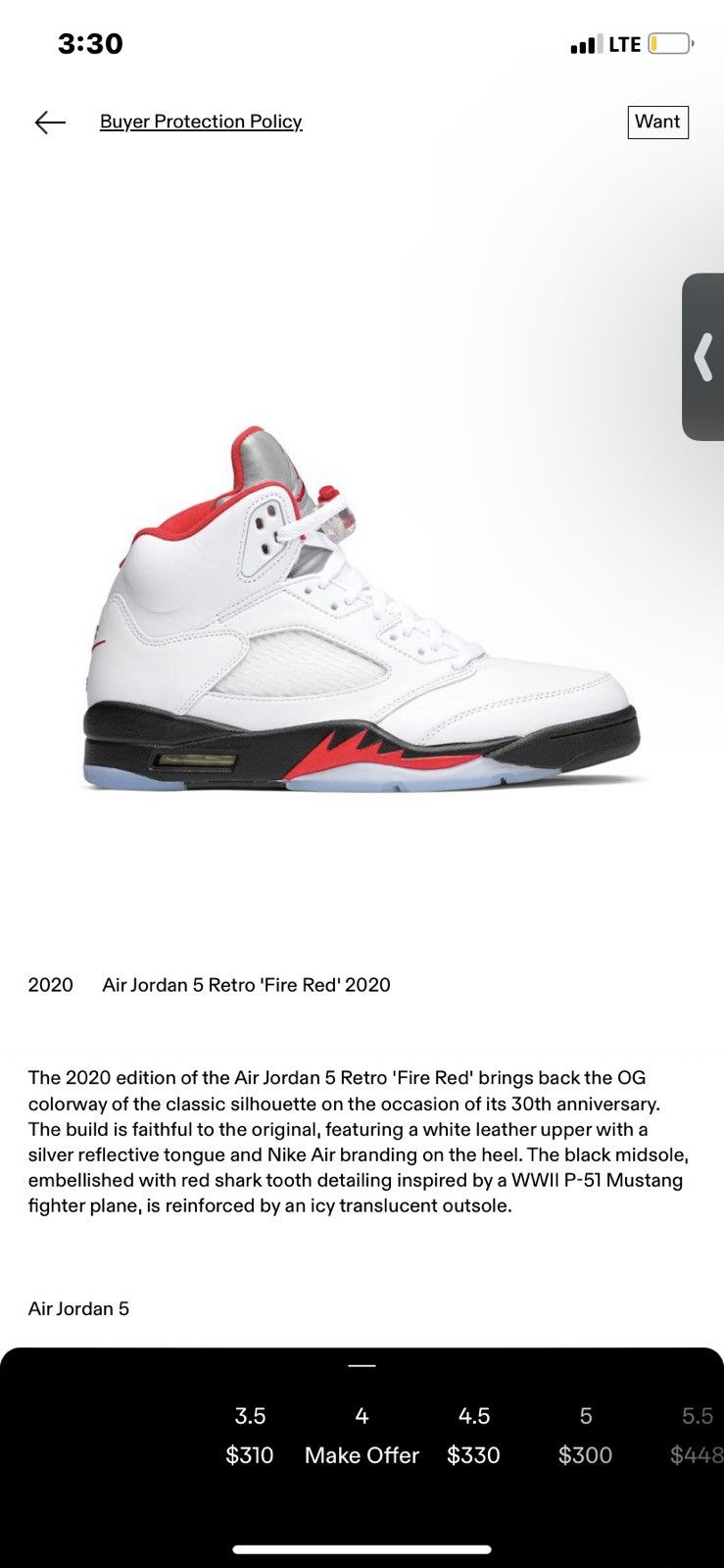 Jordan Brand × Nike Air Jordan 5 Retro 'Fire Red' 2020 - Size 4 Size US 5 / EU 37 - 19 Thumbnail