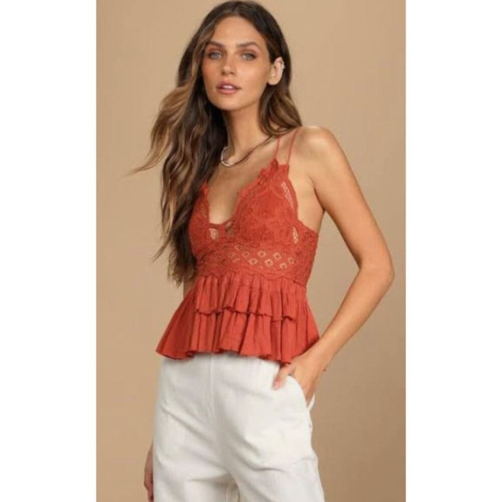Free People Free People Adella Cami Small New Rust Tiered Top Size S / US 4 / IT 40 - 1 Thumbnail