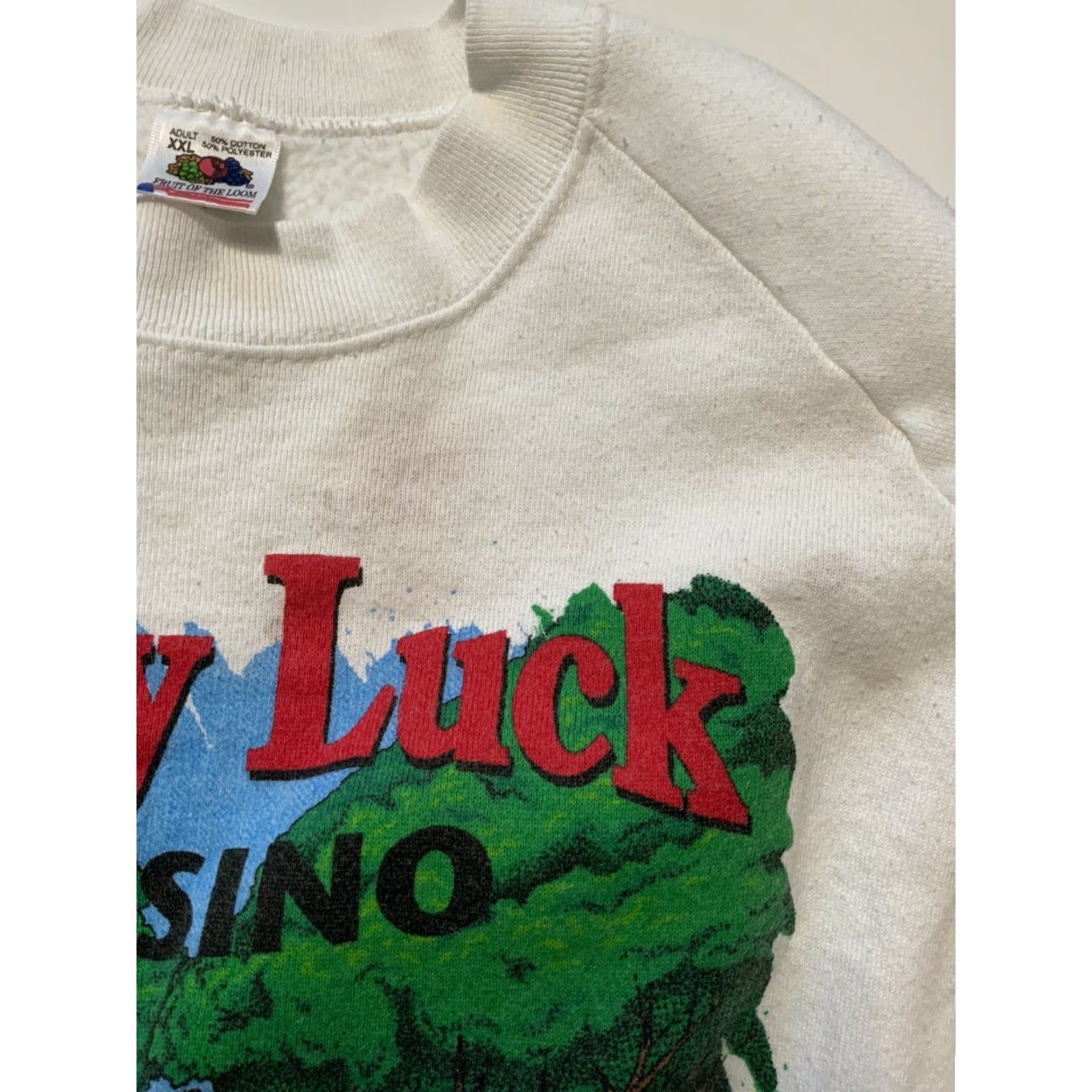 Fruit Of The Loom VINTAGE Fruit Of The Loom Lady Luck Casino Natchez Mad Money Players Club Sweatshirt 2XL White Pullover Mens Size US XXL / EU 58 / 5 - 7 Thumbnail