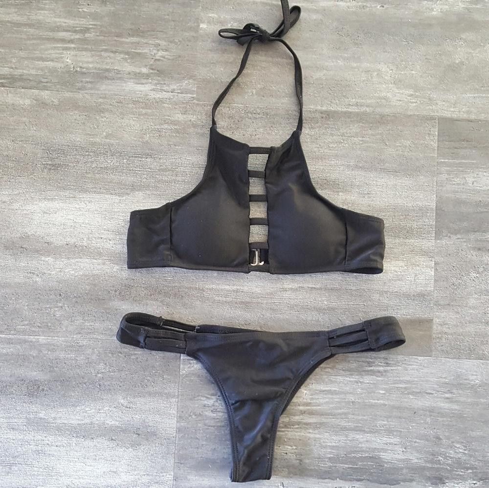 Designer Black High Neck Strapped Bikini Set Size ONE SIZE - 1 Thumbnail