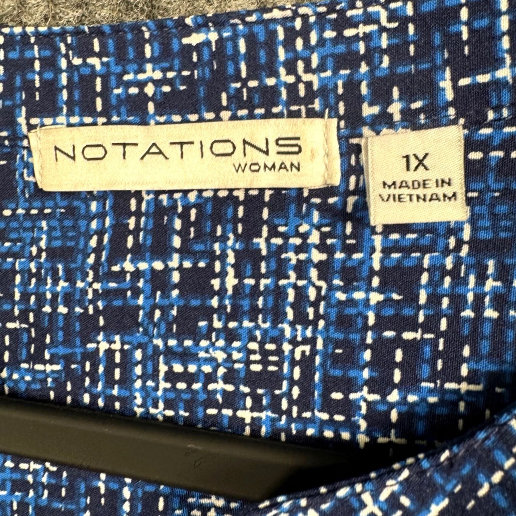 Vintage Notations Blue Abstract Blouse Plus Size 1X Boho Roll Tab Sleeve V-Neck Button Up Shirt Size XL / US 12-14 / IT 48-50 - 2 Thumbnail