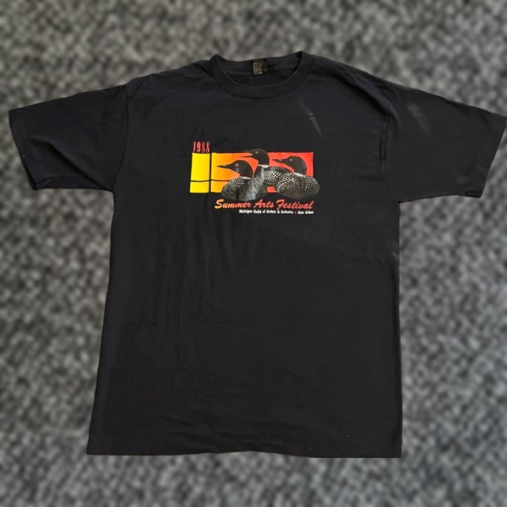 Anvil VINTAGE Ann Arbor Michigan Summer Arts Festival Loons T Shirt 2XL Black Cotton Anvil Mens Art 80s Size US XXL / EU 58 / 5 - 1 Thumbnail
