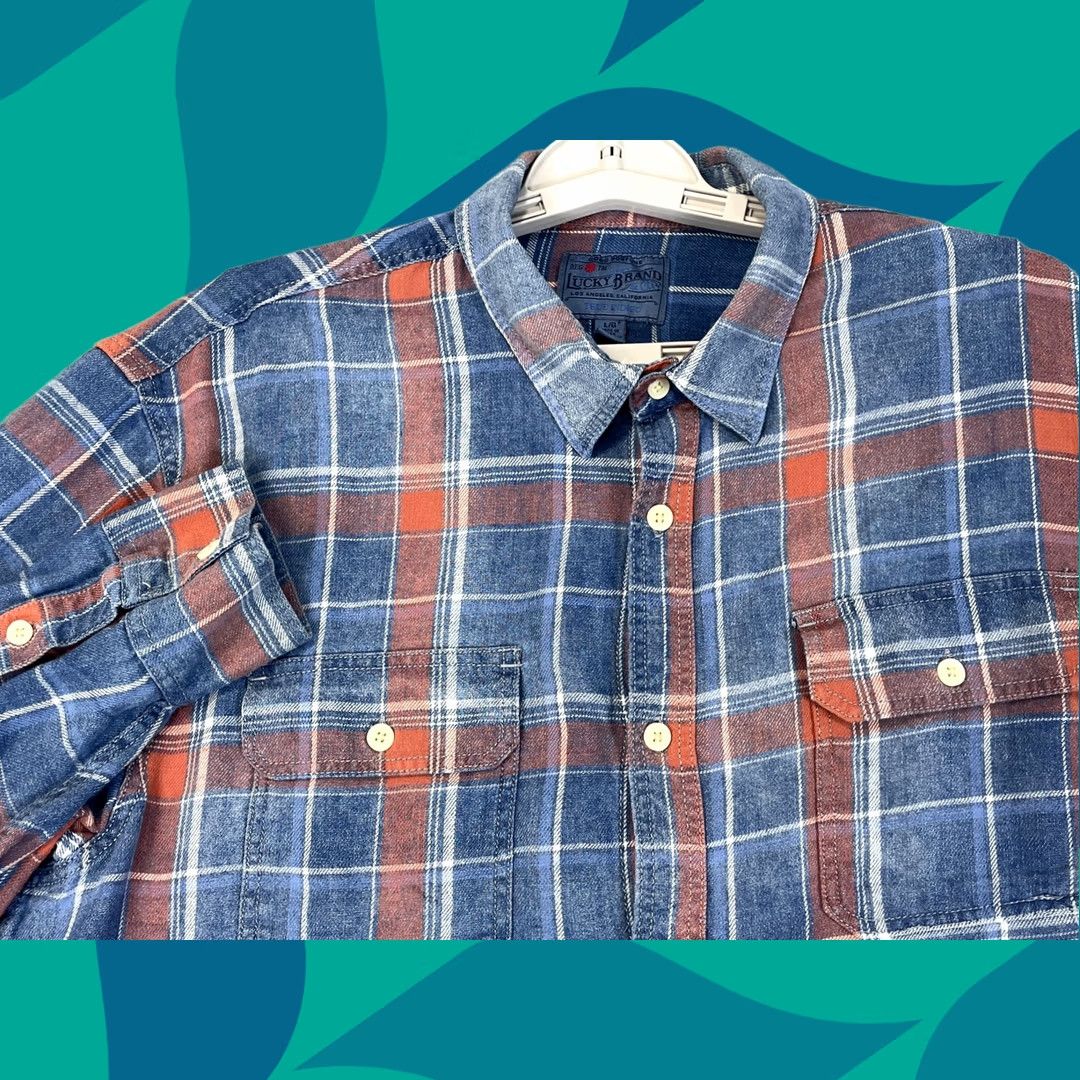Lucky Brand VINTAGE Lucky Brand Shirt Mens Large Blue Orange Plaid Flannel True Indigo 7MD41343 Size US L / EU 52-54 / 3 - 1 Thumbnail