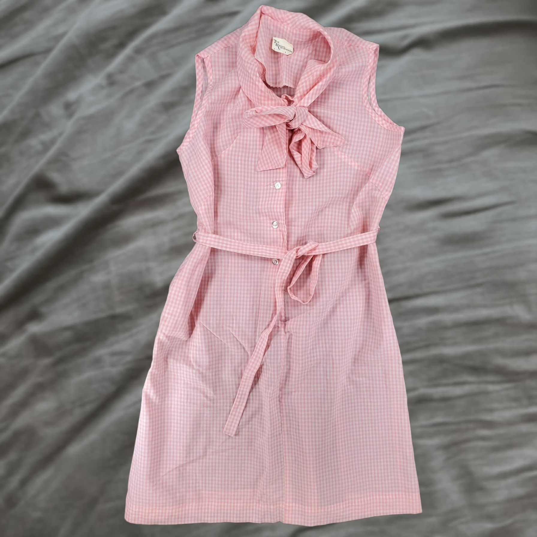 pink gingham dress ladies Girl Midi with Lace Trim  Pink & Navy Boutique Collared neckline VINTAGE Ted Arcuni of California