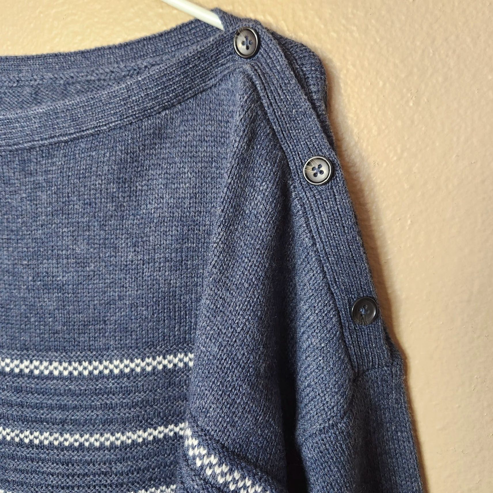 Prana VINTAGE PrAna Phono Wool Blend Sweater Blue w/Cream Birdseye Stripe Button Detail-Size L Size L / US 10 / IT 46 - 5 Thumbnail