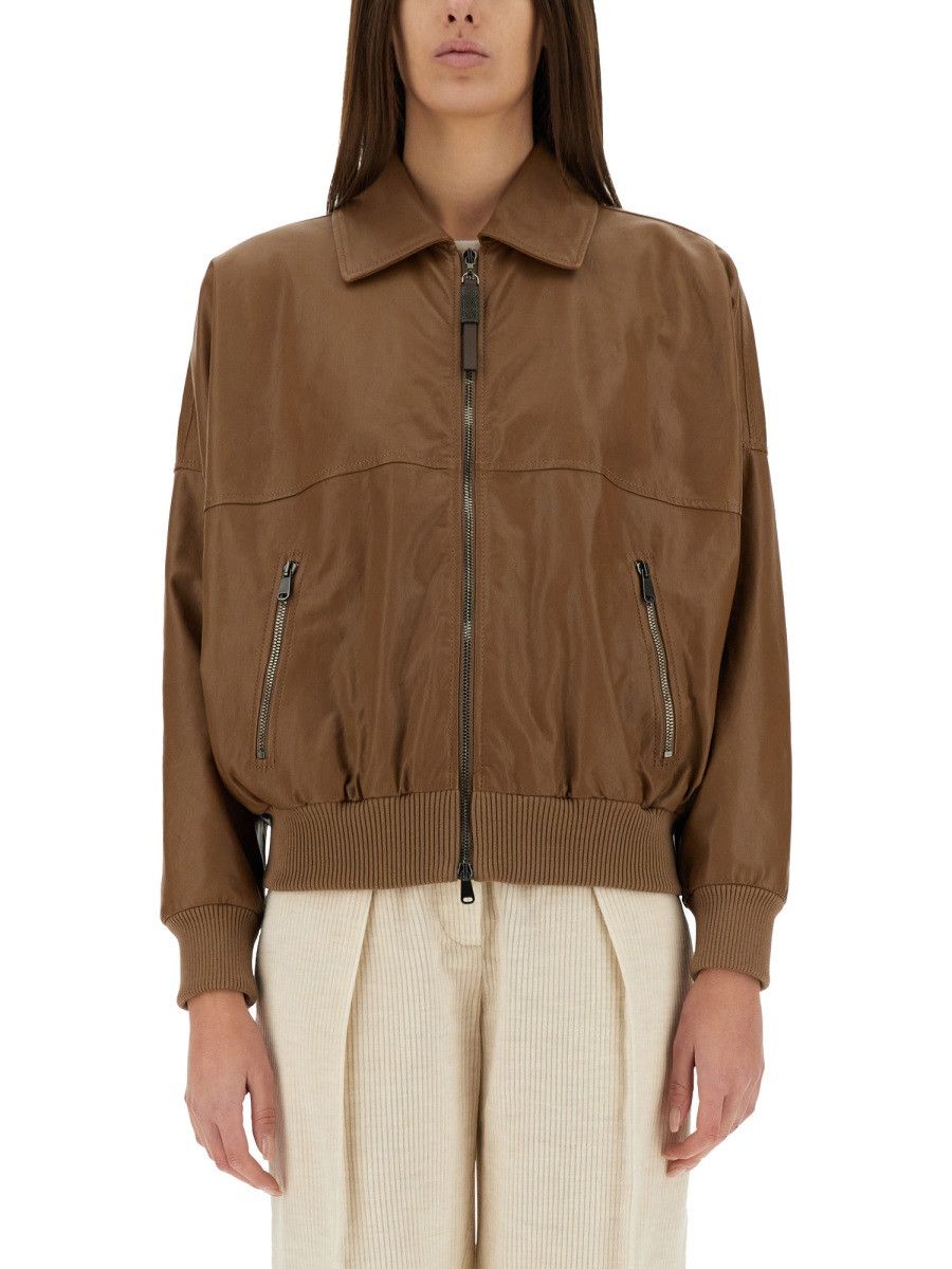 Brunello Cucinelli BRUNELLO CUCINELLI LEATHER JACKET - BROWN (IT 40) Size S / US 4 / IT 40 - 1 Thumbnail