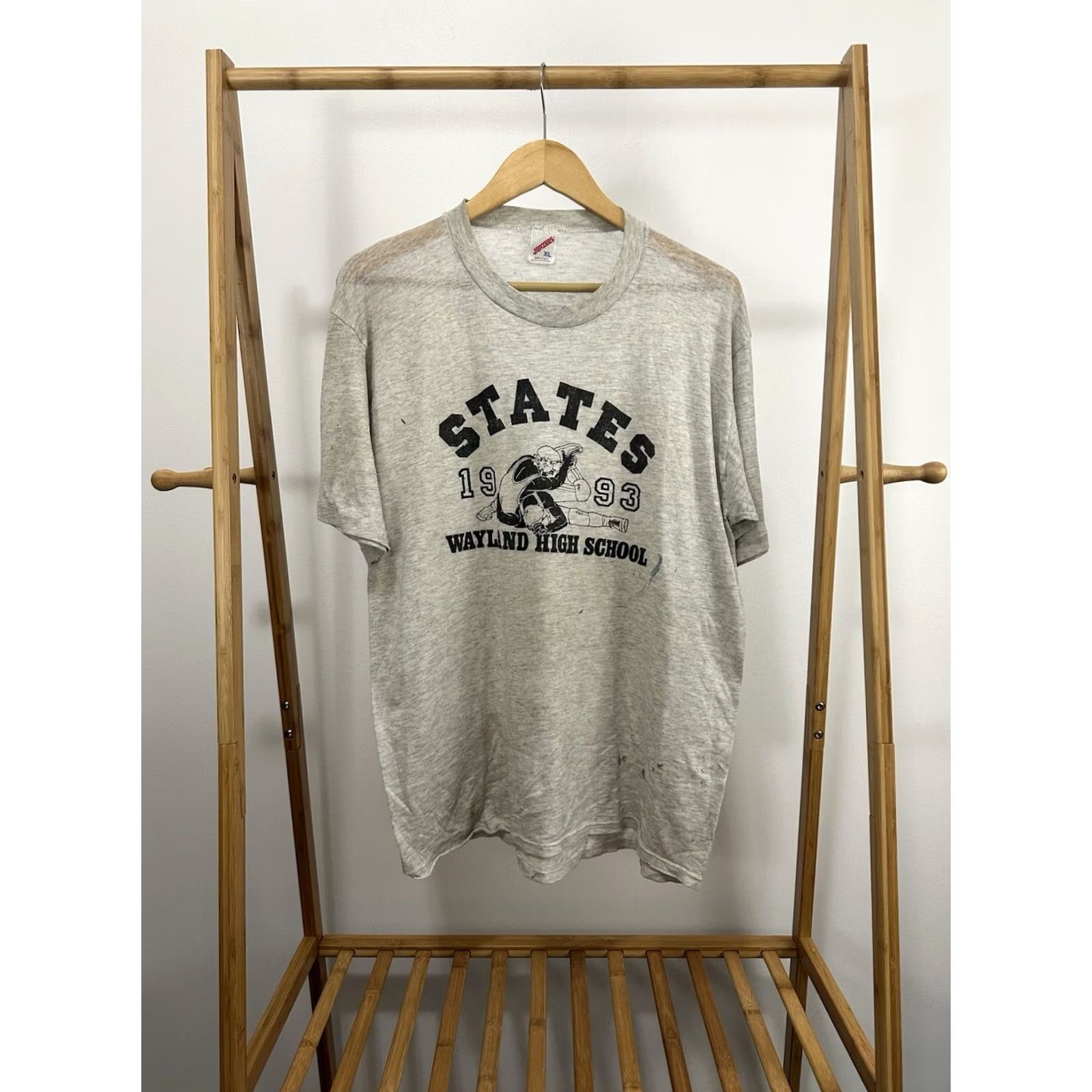 Jerzees VTG 90s State Wayland Wrestling Paper Thin Burnout Worn WIP T-Shirt XL Gray Mens Tee Front Thin Grunge 90s Size US XL / EU 56 / 4 - 2 Thumbnail