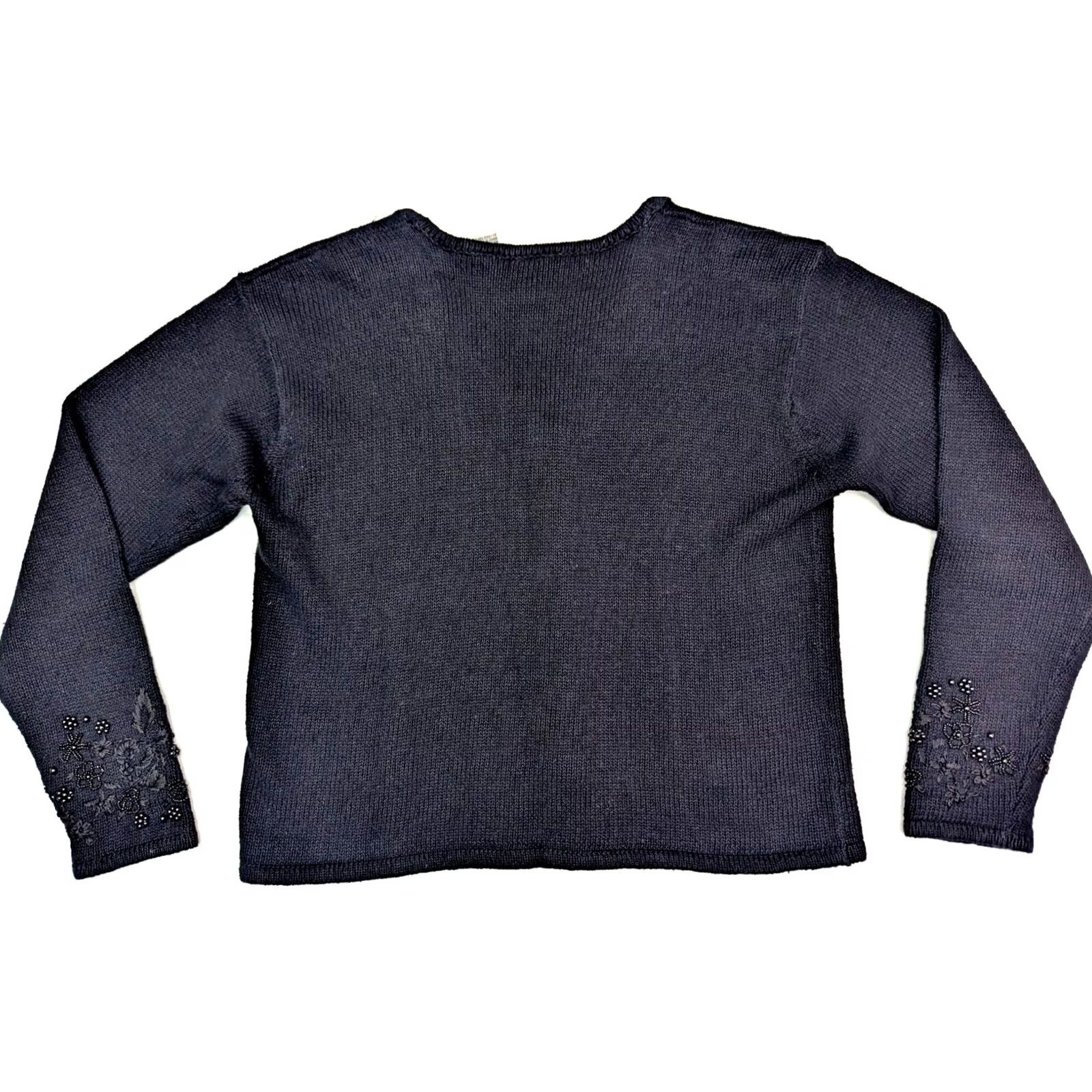 Vintage Maggie Lawrence Cardigan Women M Black Floral Embroidered Bead Accent Cable Knit V-Neck Sweater Shirt/Layering Size M / US 6-8 / IT 42-44 - 7 Thumbnail