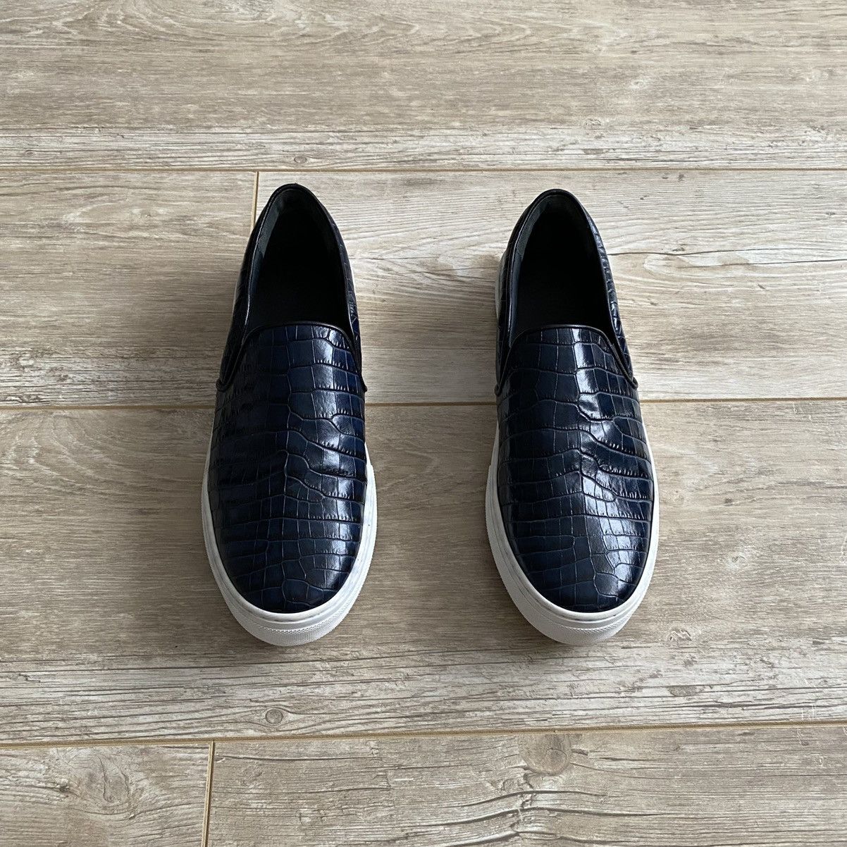image of Celine Paris Crocodile Embossed Leather Slip-On Shoes in Navy, Women's (Size 9)